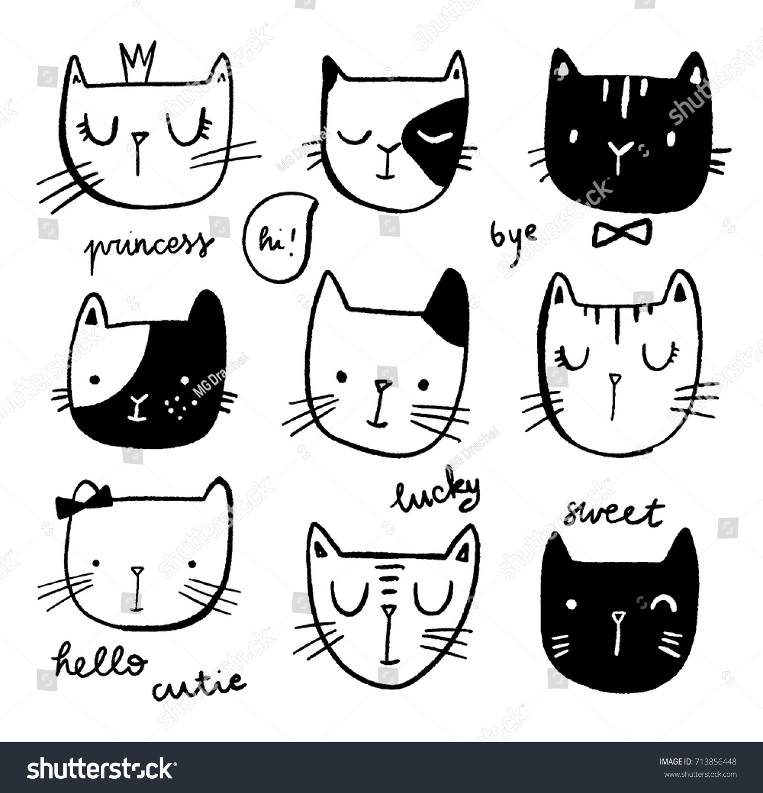 Hand Drawn Cat Faces Set Words Stock Vector (Royalty Free) 713856448