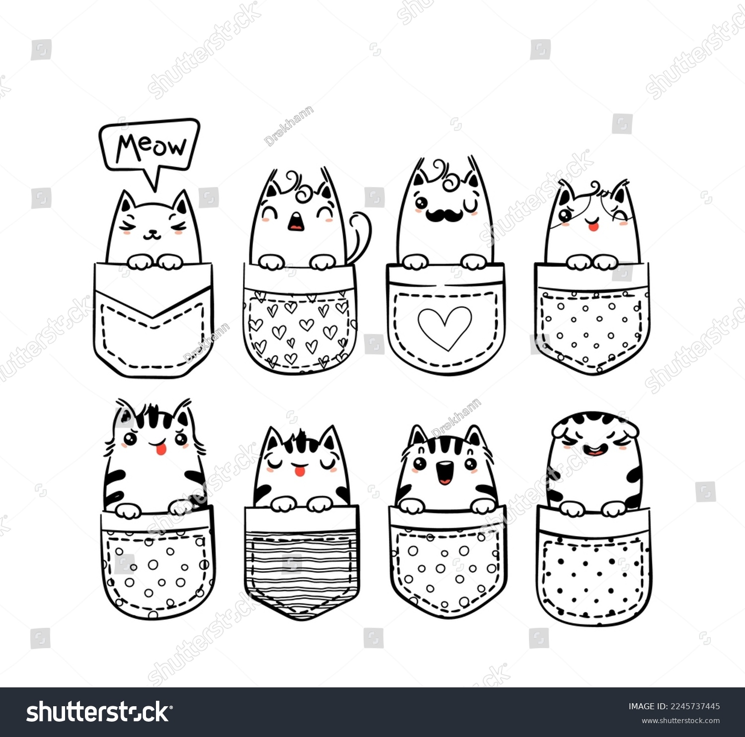SVG of Hand Drawn Cat, Kitty, Kitten. Cute kawaii animals sitting in a pocket. Vector sketch, print design, illustration, children print on t-shirt, coloring pages svg