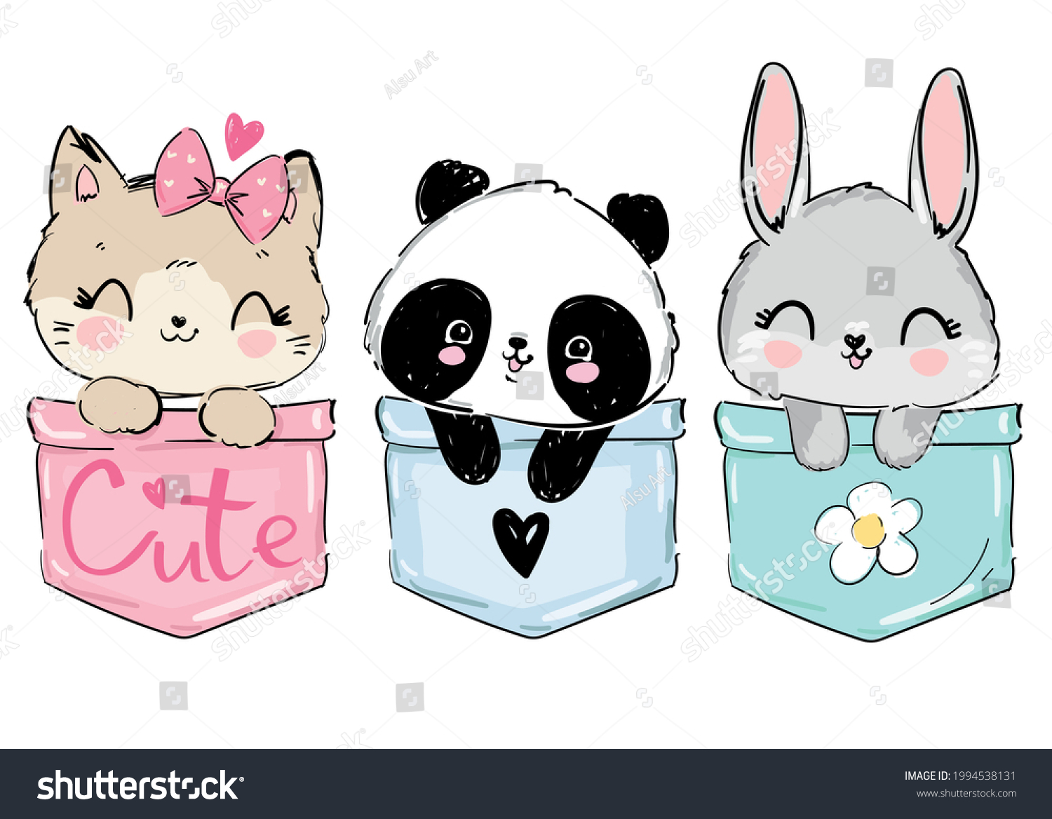 SVG of Hand Drawn Cat, Panda, Bunny. Cute Animals sitting in a pocket vector Sketch, Print Design, children print on t-shirt. svg