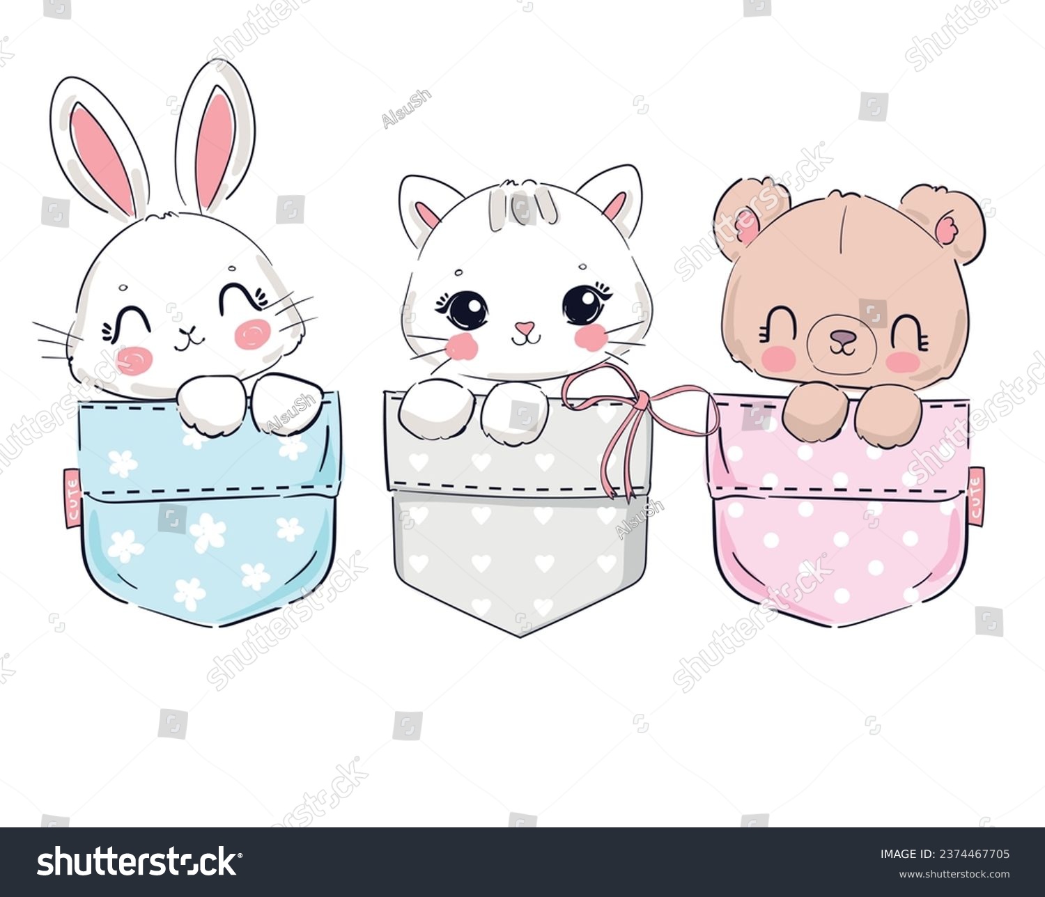 SVG of Hand Drawn Cat, Teddy Bear, Bunny. Cute Animals sitting in a pocket vector Sketch, Print Design, children print on t-shirt. svg