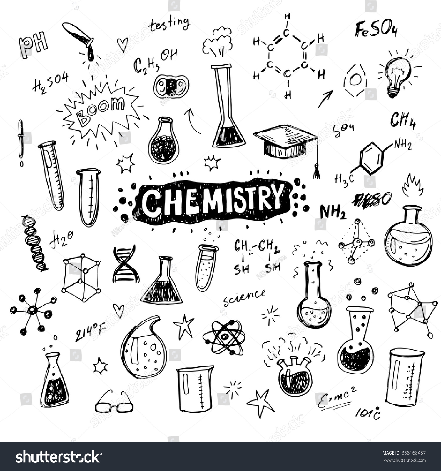 Hand Drawn Chemistry Icons Sketch Set. Doodle Glass Flasks, Formulas ...