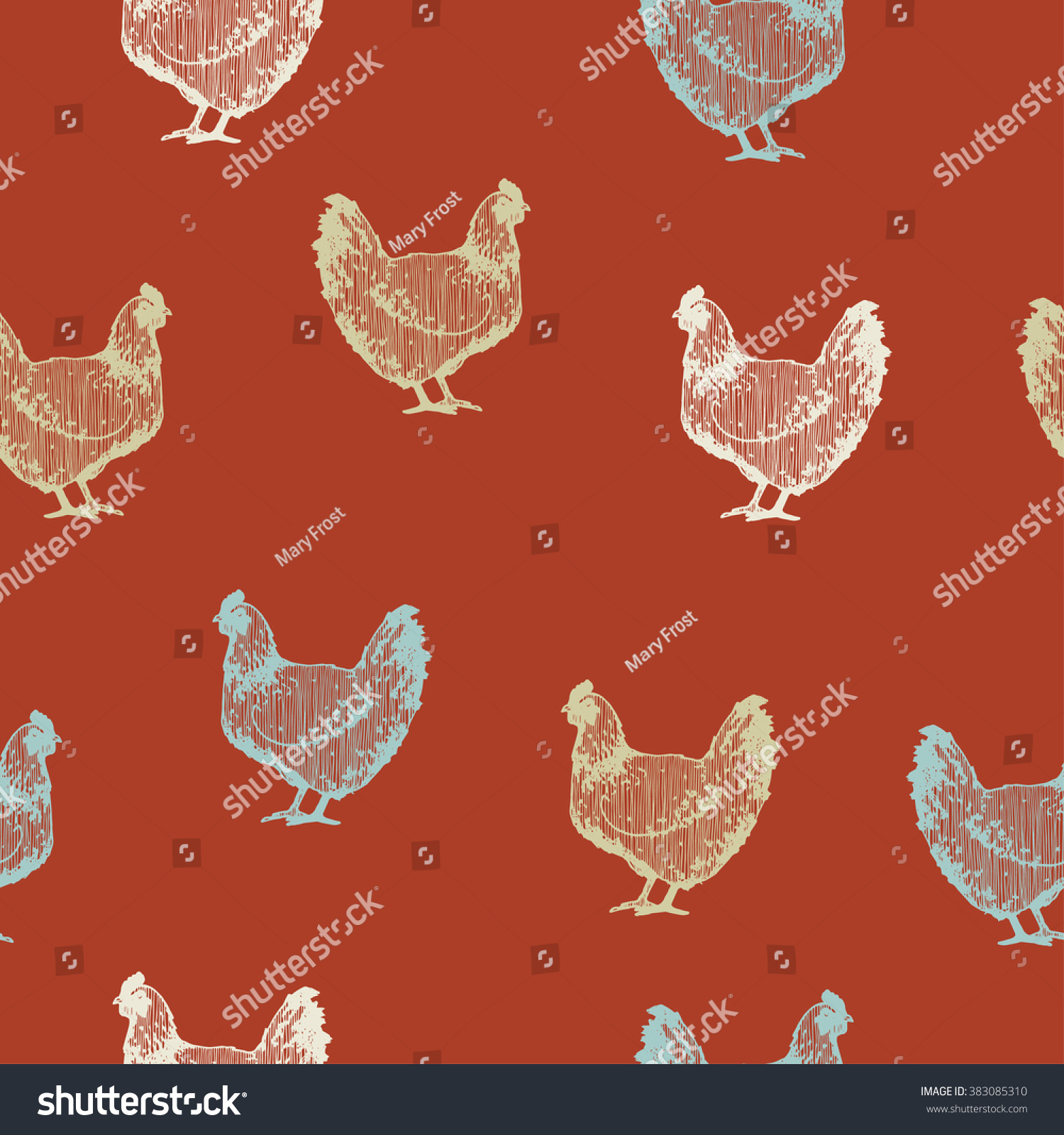 Hand Drawn Chicken Seamless Pattern In Vintage Style Stock Vector ...