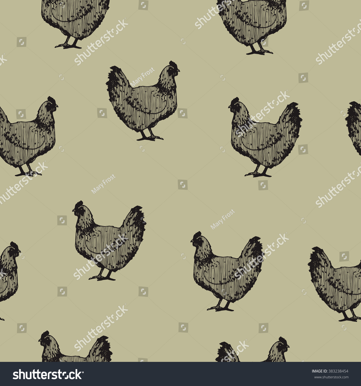 Hand Drawn Chicken Seamless Pattern In Vintage Style Stock Vector ...