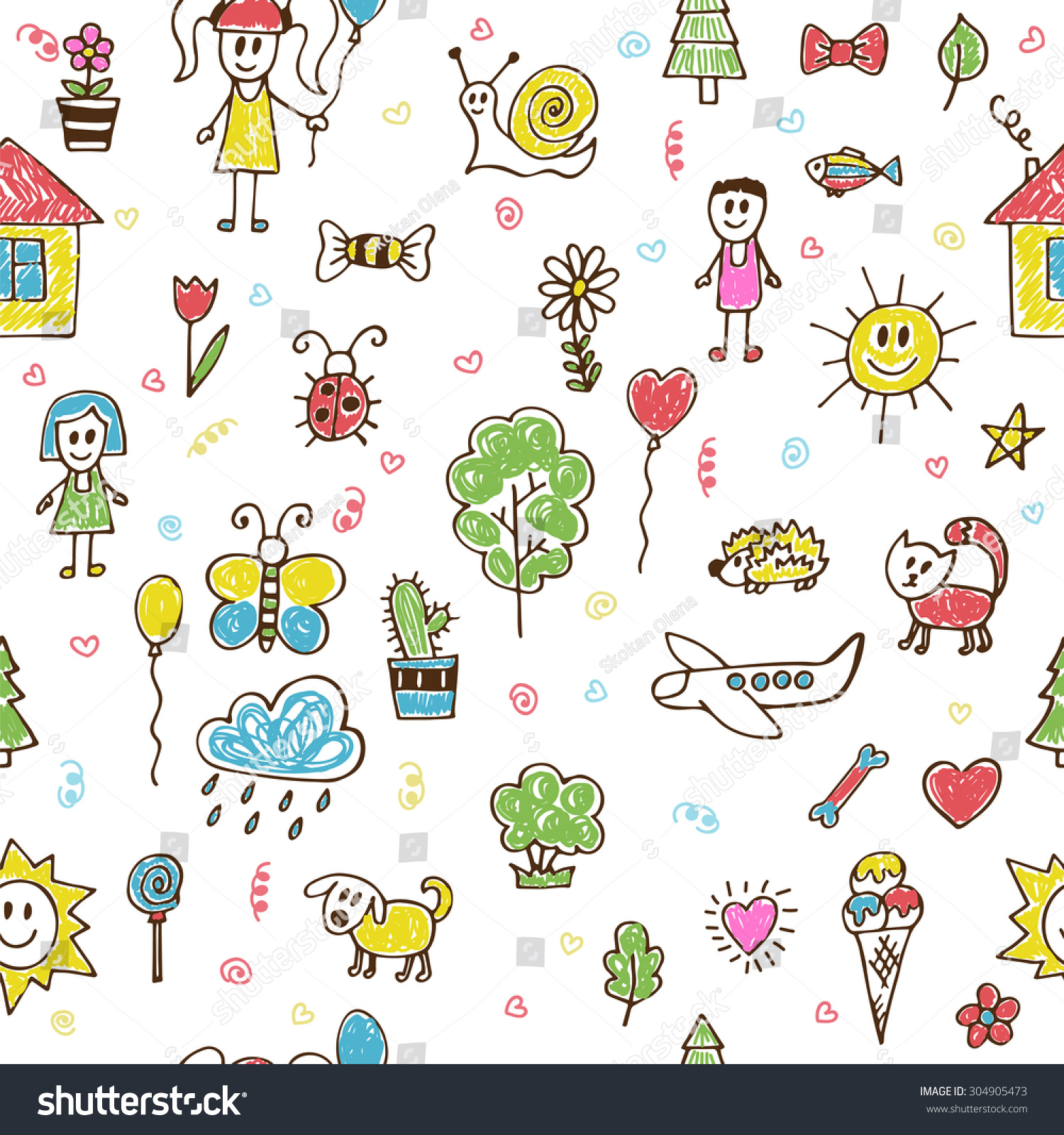 Hand Drawn Children Drawings Color Seamless Pattern. Doodle Children ...