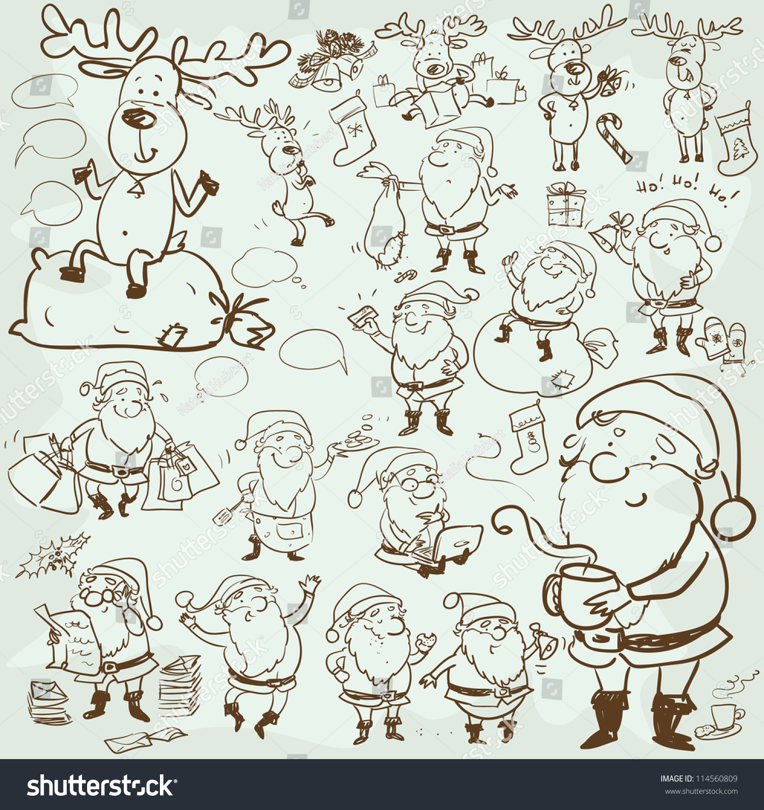 Hand drawn Christmas characters and elements cartoon Santa and Rudolf sketch