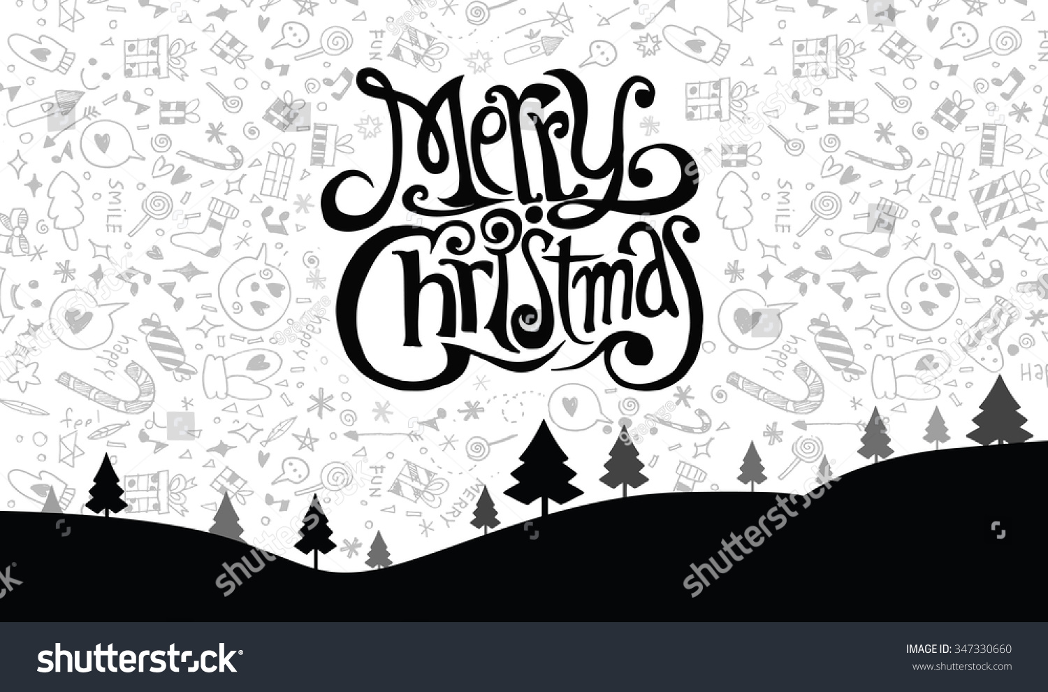 Hand Drawn Christmas Greeting Card. Merry Christmas Lettering, Vector