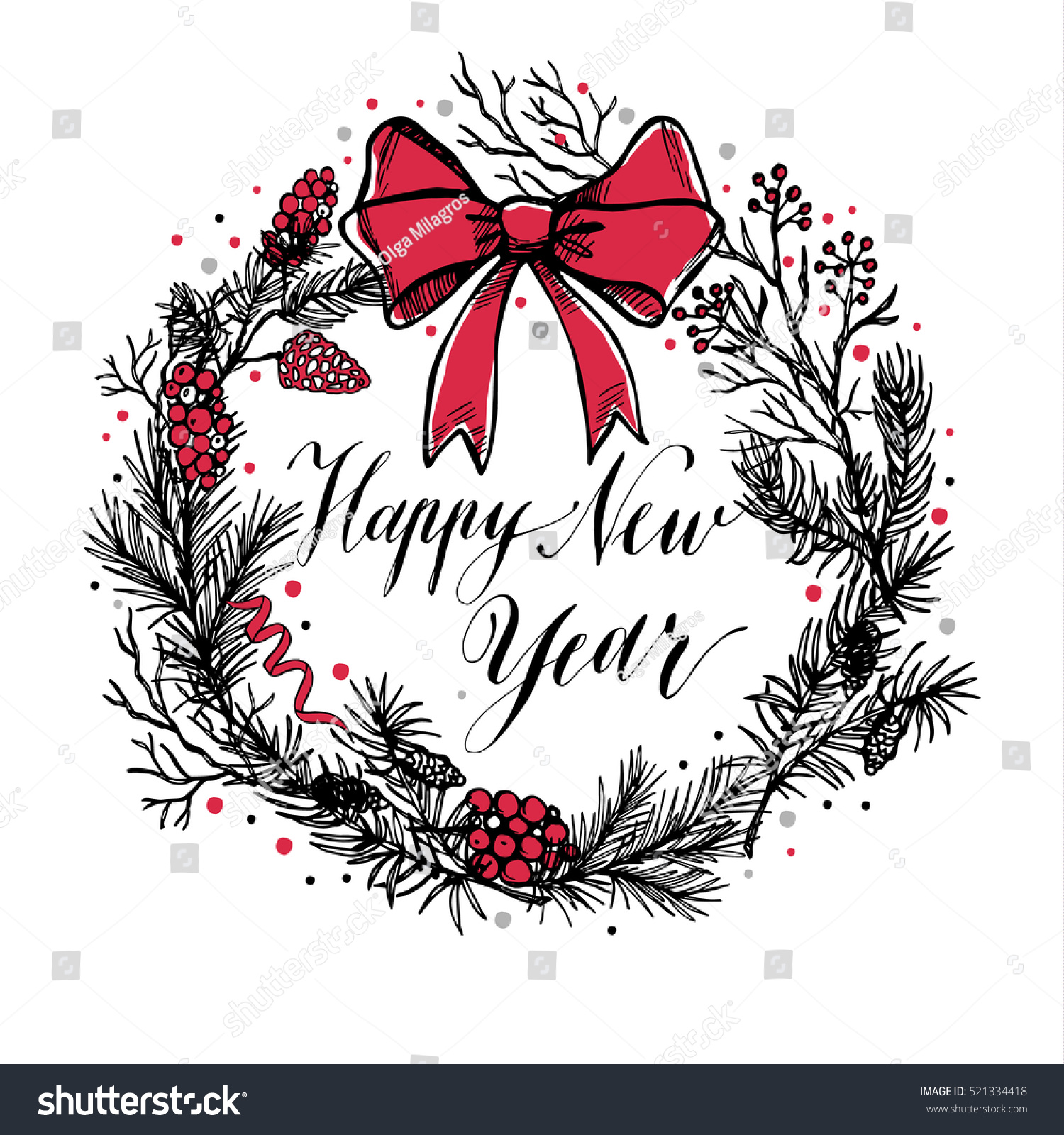 Hand drawn christmas wreath with red bow and calligraphic text Happy New Year
