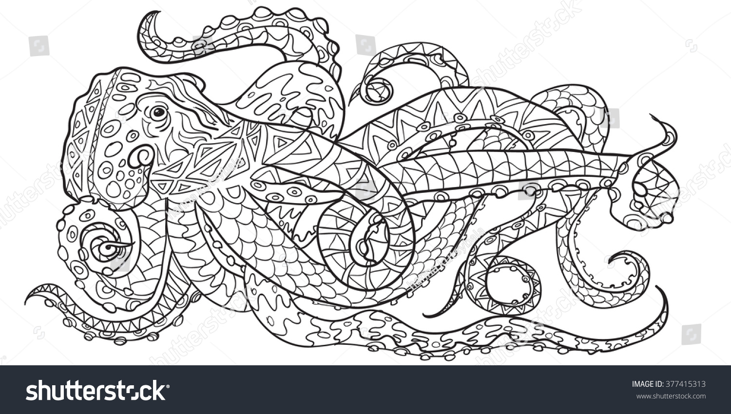 Hand drawn Coloring pages with octopus zen tangle illustration for adult anti stress Coloring books