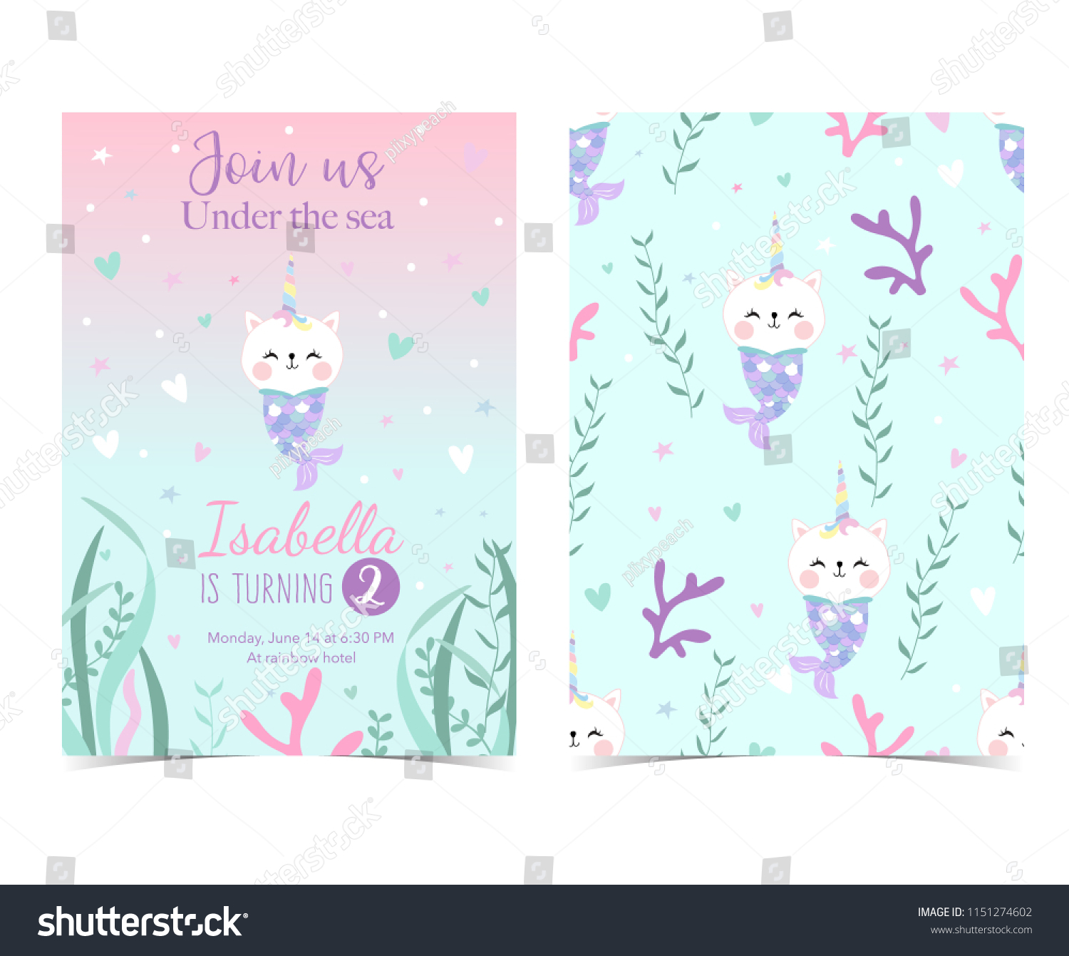 SVG of Hand drawn cute card with mermaid,caticorn,squid,coral and sea horse svg