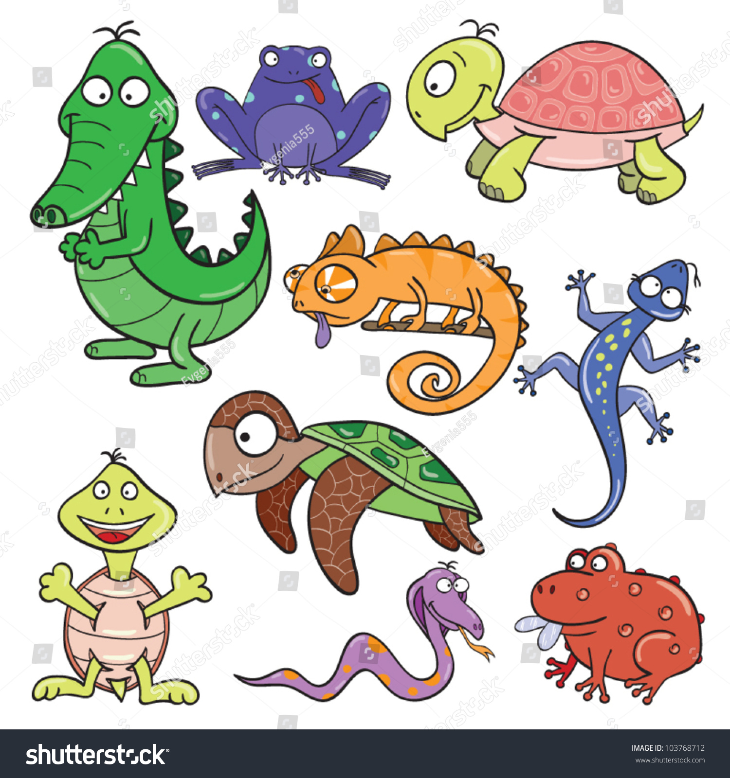 Handdrawn Cute Cartoon Reptiles Amphibians Vector Stock Vector