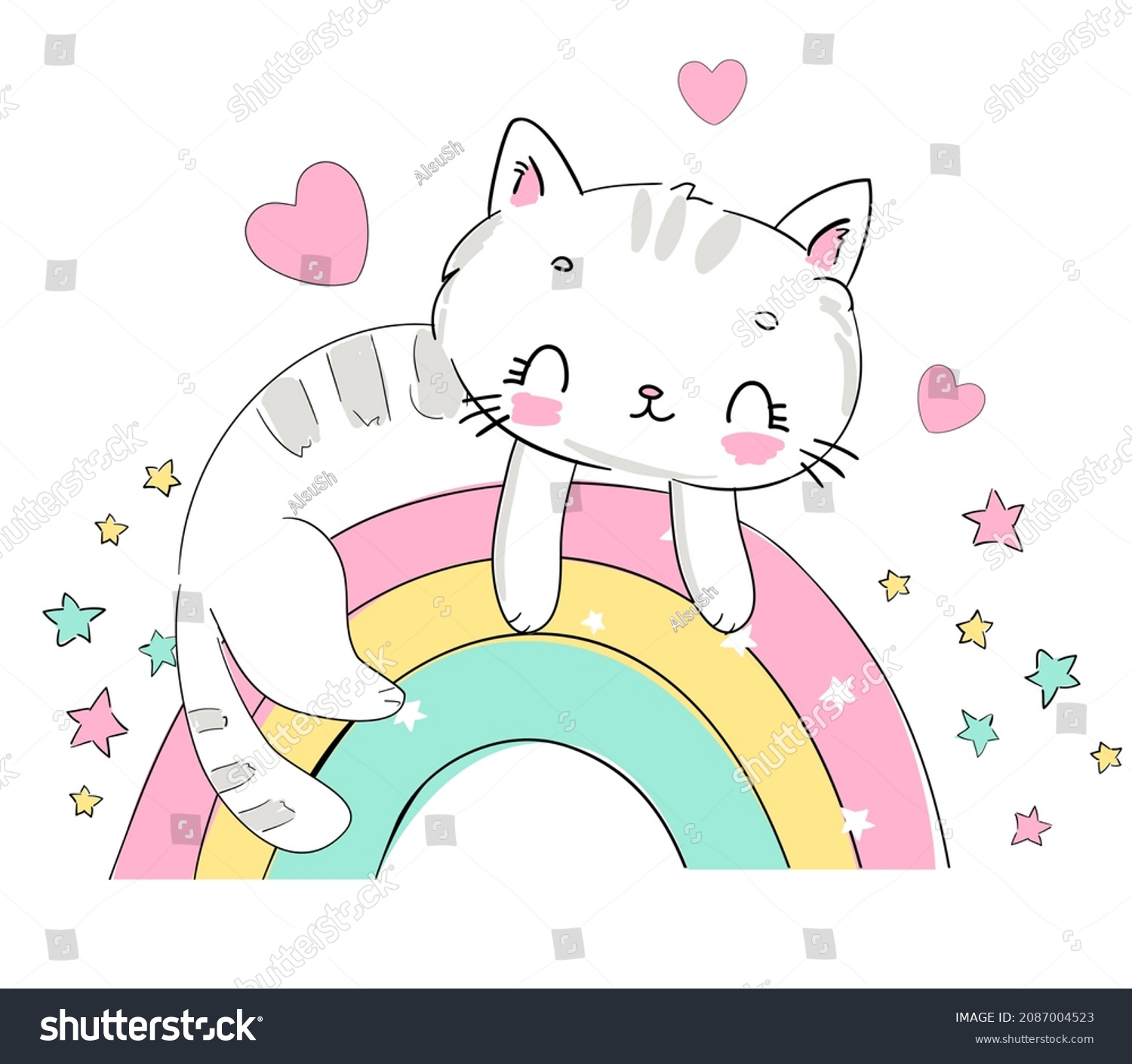 Hand Drawn Cute Cat Rainbow Cartoon Stock Vector (royalty Free 