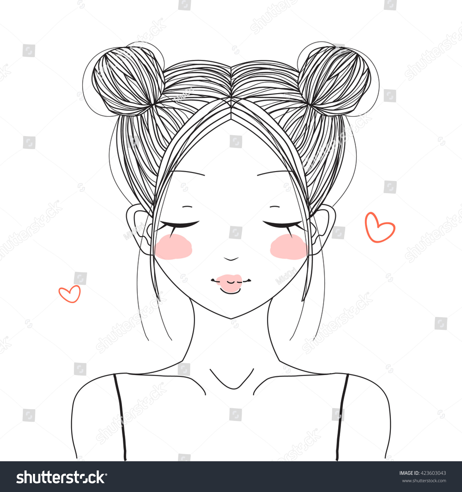 Handdrawn Cute Girl Double Buns Hairstyle Stock Vector
