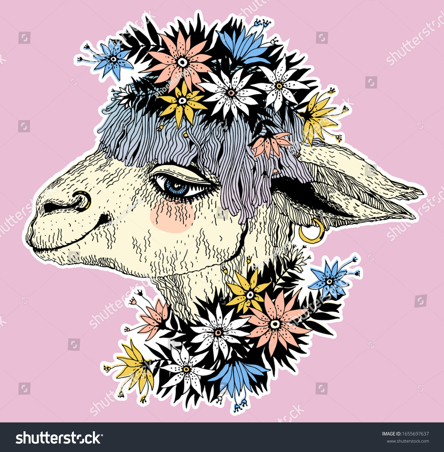 Hand Drawn Cute Lama Alpaca Wearing Stock Vector Royalty Free