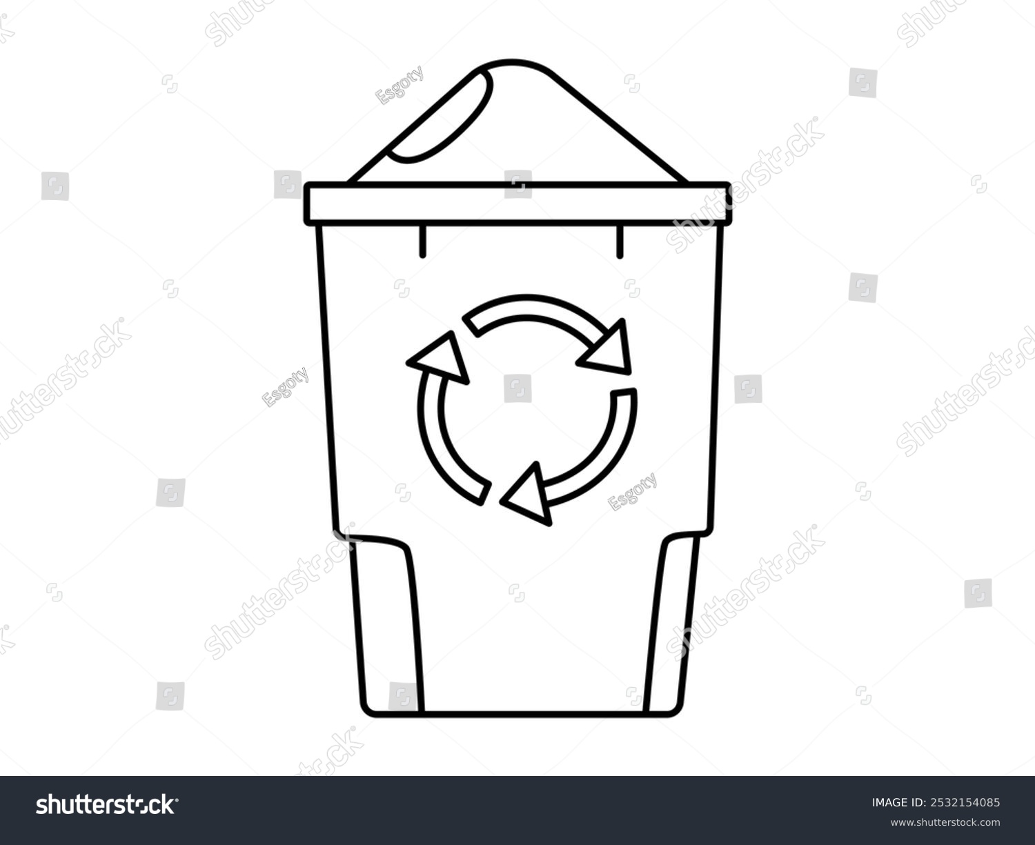 recommend clip art: Hand drawn cute outline illustration of green garbage can with wheel. Flat vector recycling trash bin, environmental pollution line art doodle style. Ecology sticker, icon. Waste sorting. Isolated.
