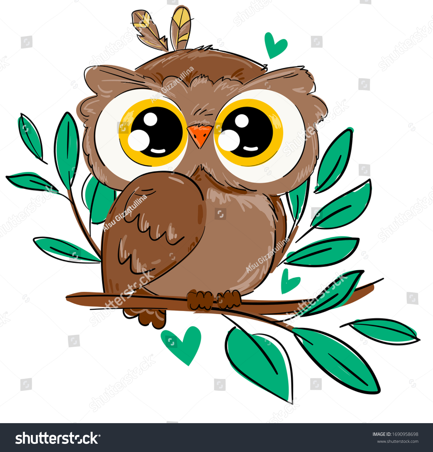 Hand Drawn Cute Owl Sitting On Stock Vector (Royalty Free) 1690958698