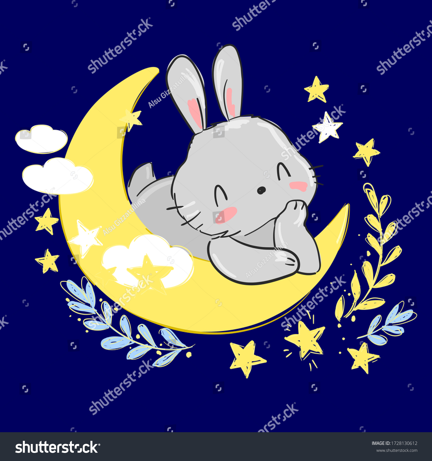 Hand Drawn Cute Rabbit On Moon Stock Vector (Royalty Free) 1728130612 ...