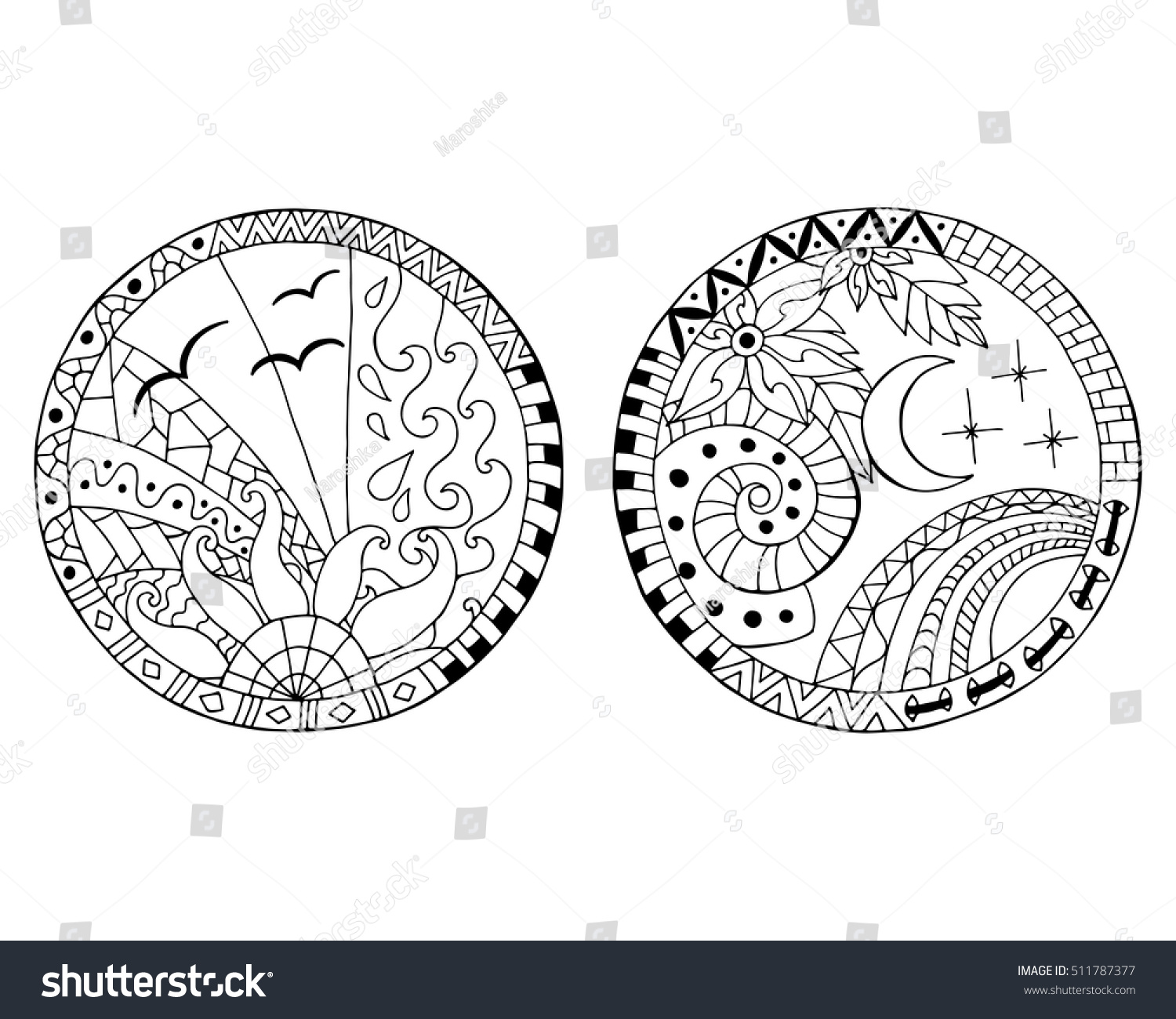 Hand drawn day and night circle mandalas for anti stress coloring page Pattern for coloring