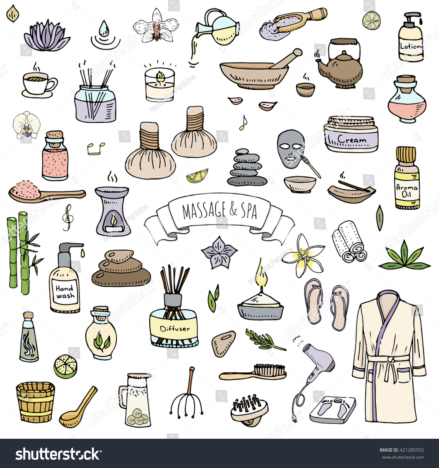 Hand Drawn Doodle Body Massage And Spa Icon Set Vector Illustration