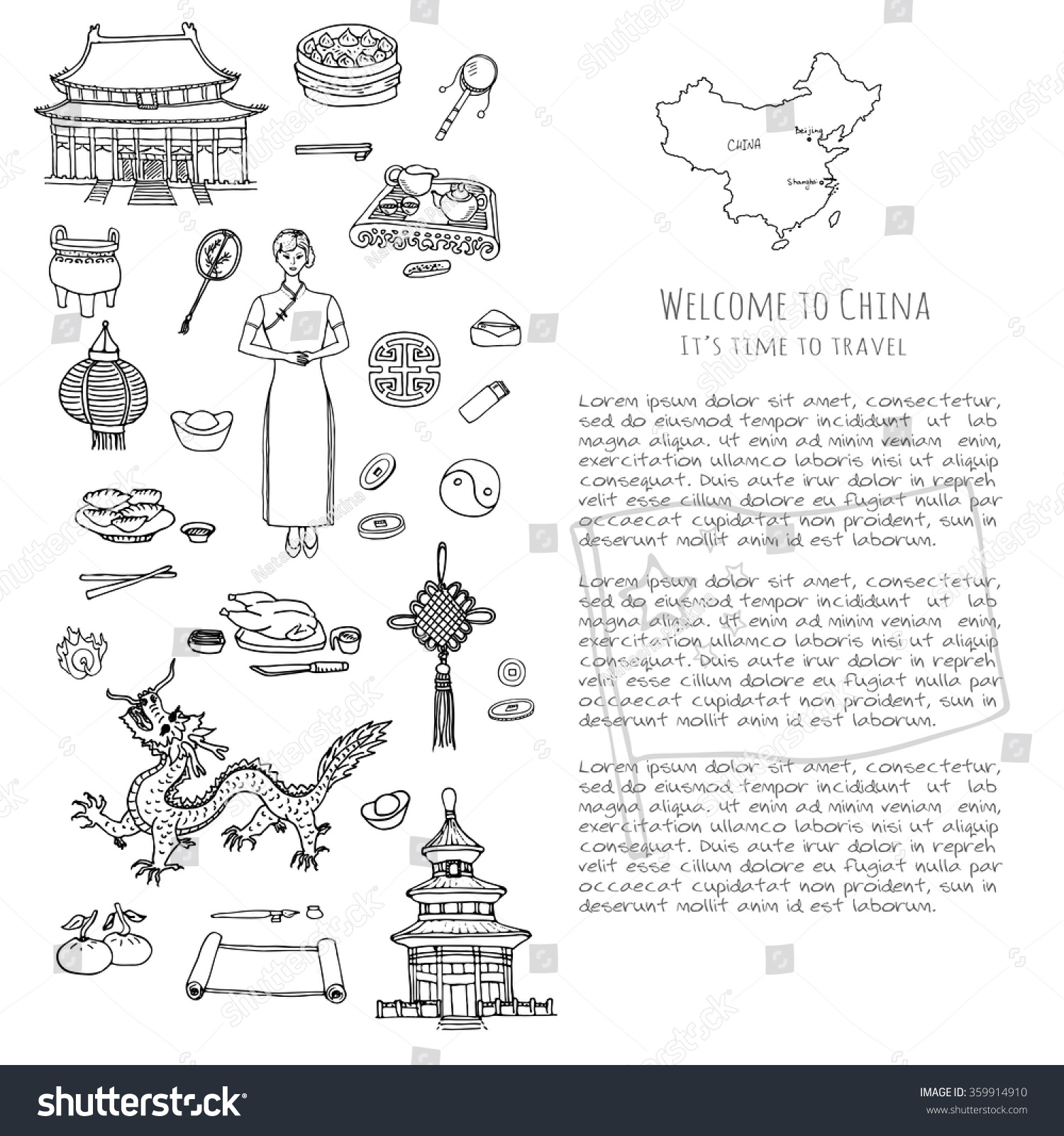 Hand Drawn Doodle China Icons Collection Stock Vector Royalty Free