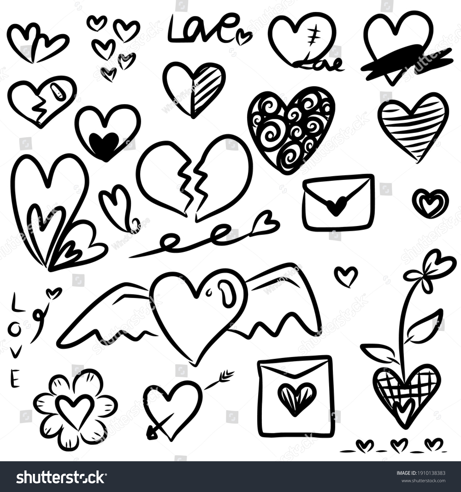 Hand Drawn Heart Vector Set Stock Vector (Royalty Free) 1910138383 ...