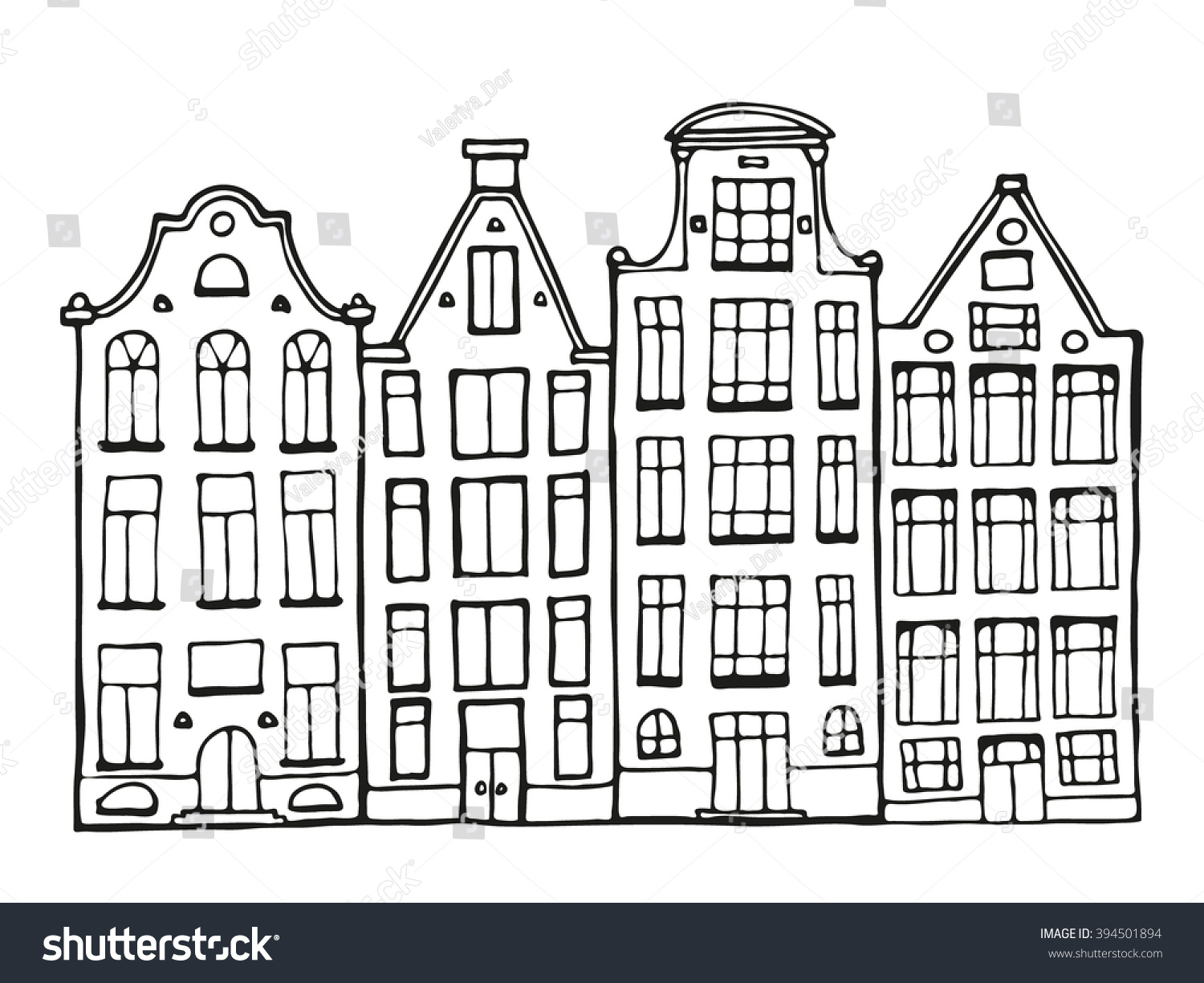 Hand drawn doodle scandinavian houses in black and white Netherlands house Adult coloring page