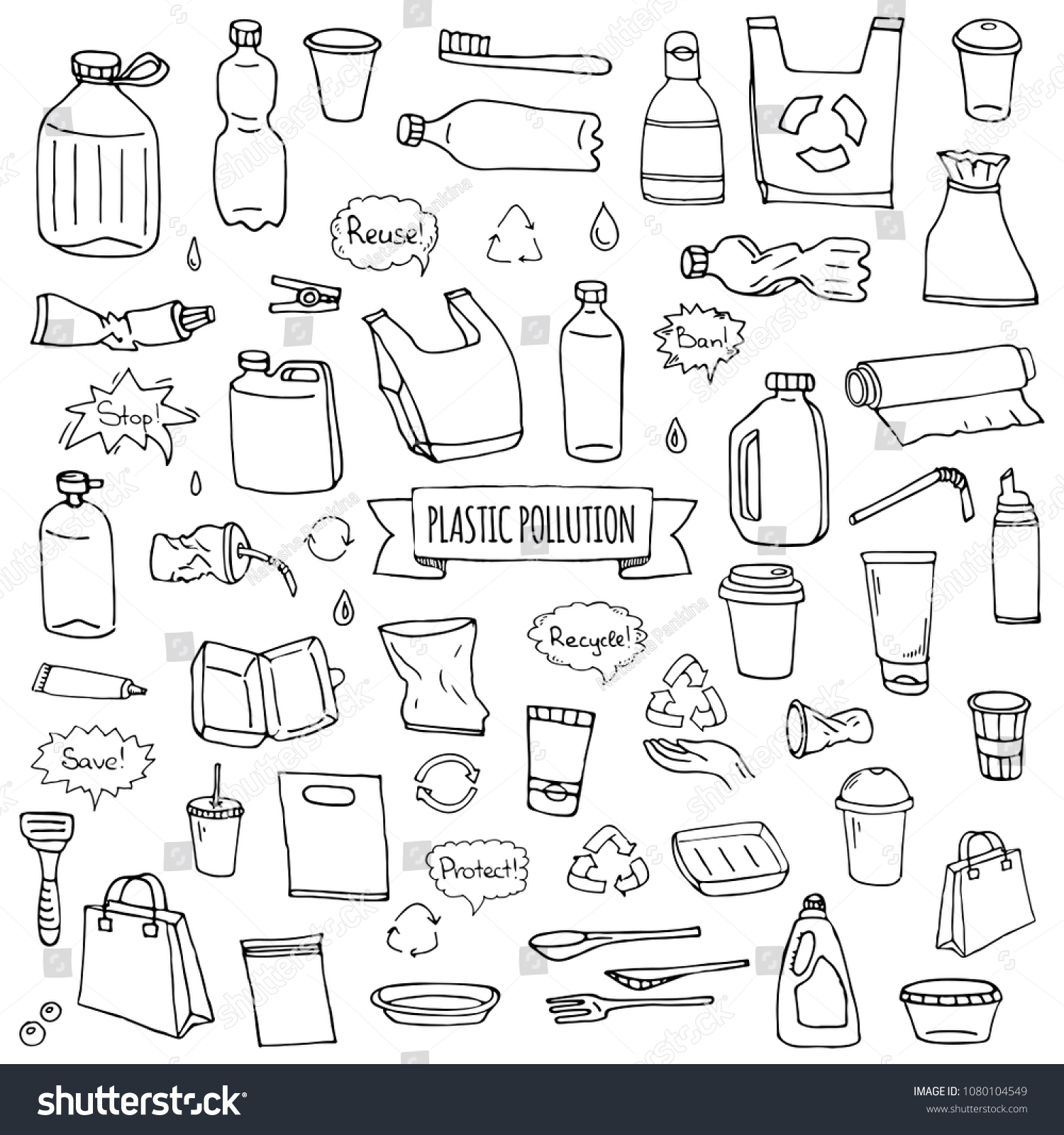 SVG of Hand drawn doodle Stop plastic pollution icons set Vector illustration sketchy symbols collection Cartoon concept elements Bag Bottle Recycle sign Package Disposal waste Contamination disposable dish svg