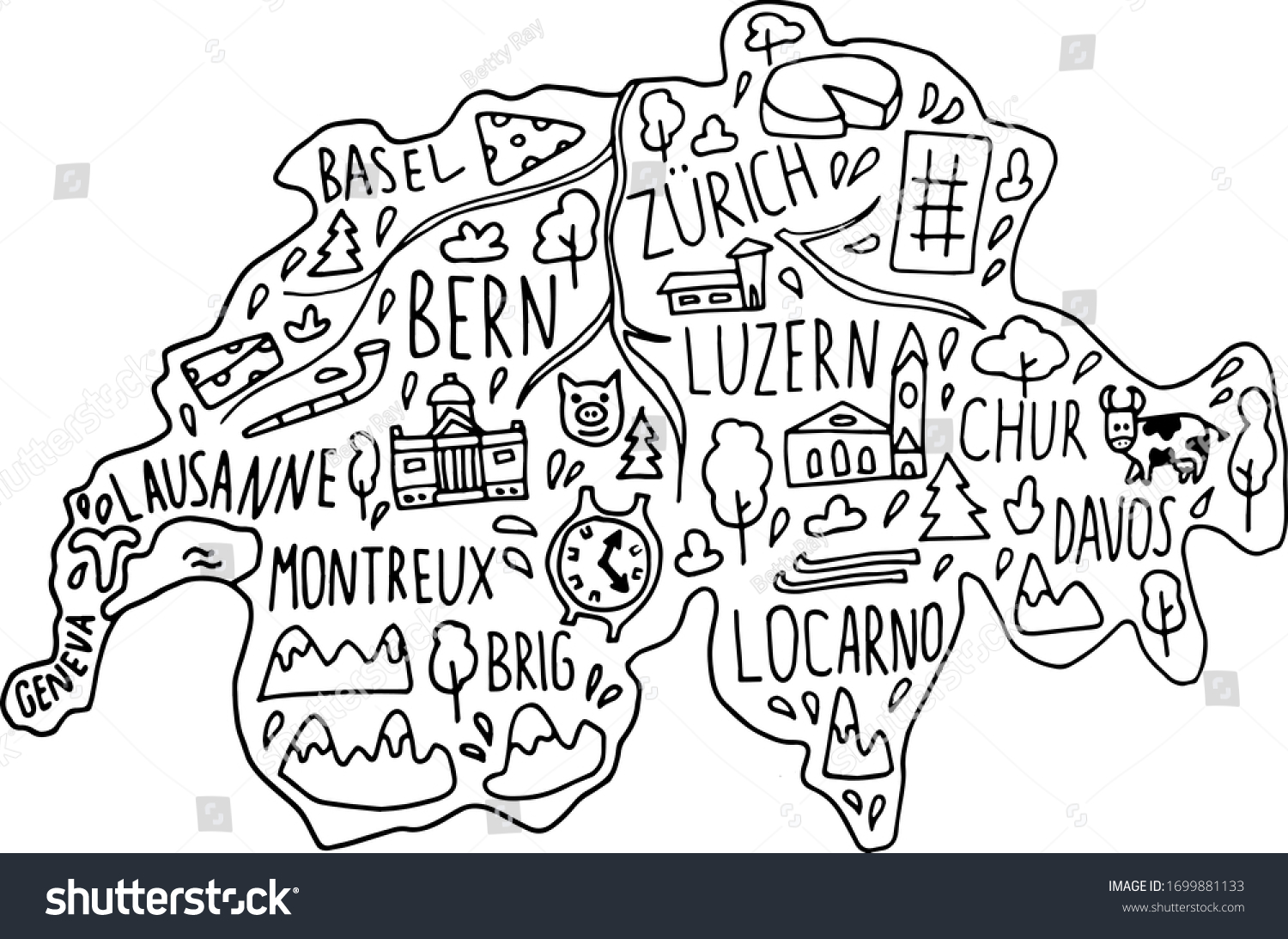 SVG of hand drawn doodle Switzerland map. Swiss city names lettering and cartoon landmarks, tourist attractions cliparts. travel, trip comic infographic poster. Bern, Zurich, lake, temple. svg