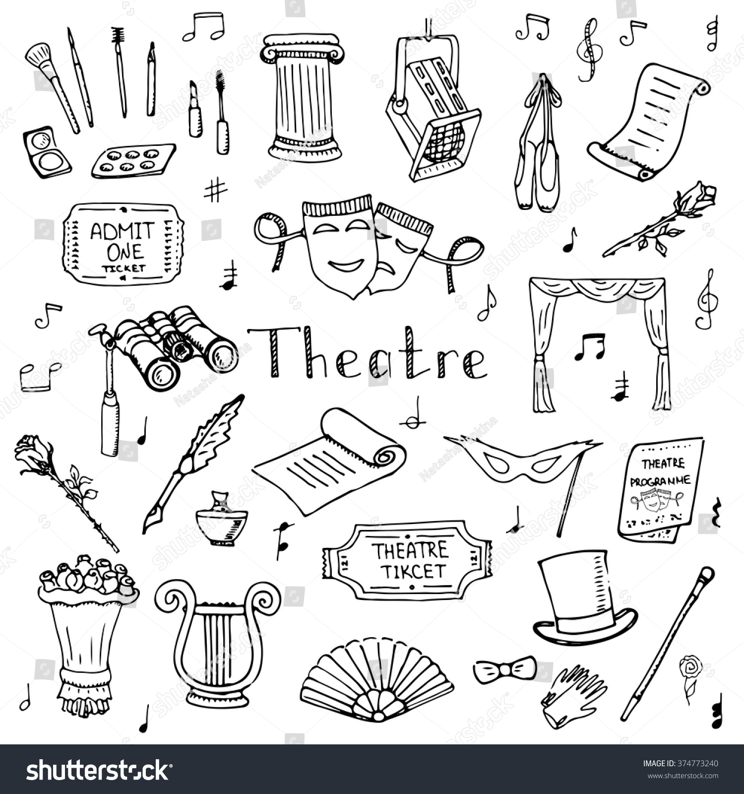 Hand Drawn Doodle Theatre Set Vector Stock Vektorgrafik Lizenzfrei 374773240