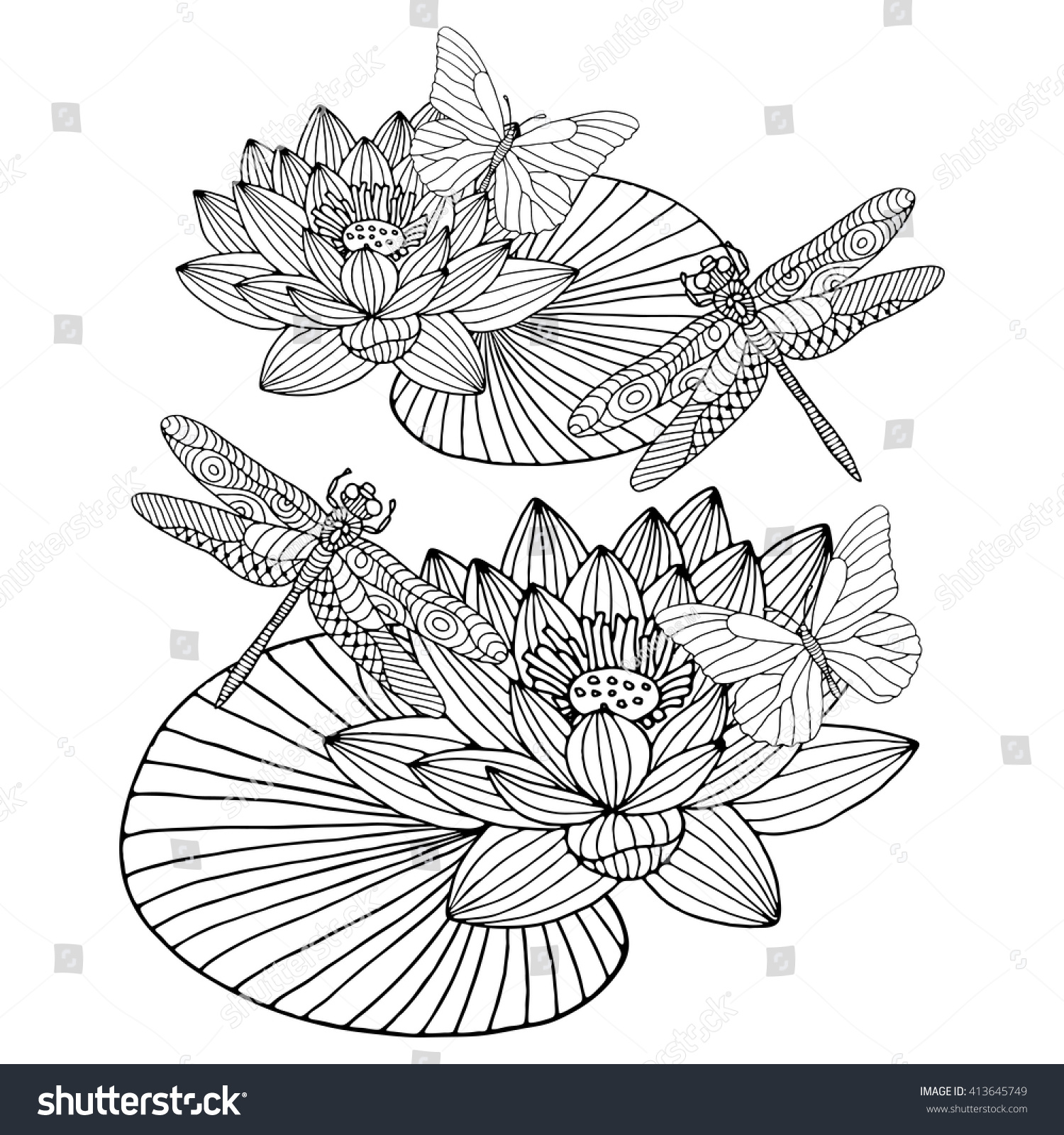 Hand Drawn Doodle Water Lily Dragonfly Stock Vector Royalty Free