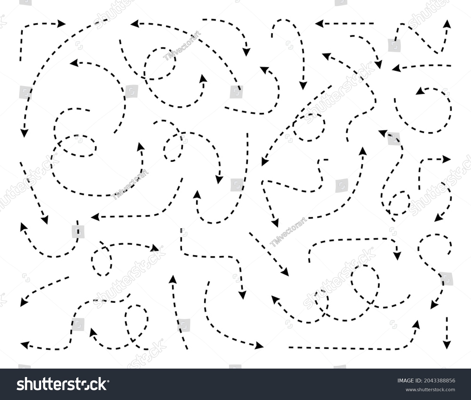 SVG of Hand drawn dotted arrows set. Sketch curved dashed arrows design. Arrow handmade. Doodle arrows of varios shapes and directions. svg