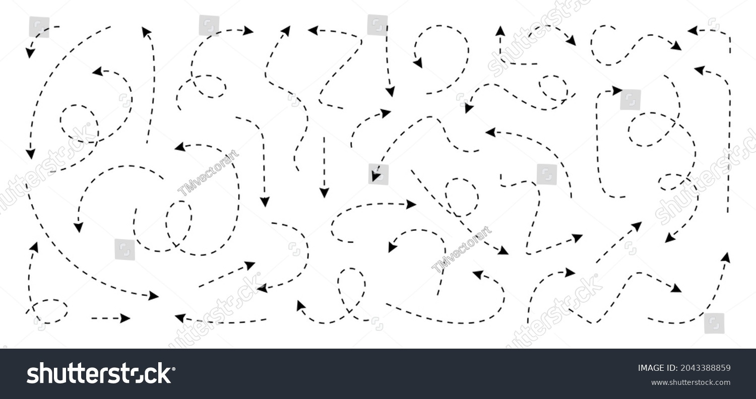 SVG of Hand drawn dotted arrows set. Sketch curved dashed arrows design. Arrow handmade. Doodle arrows of varios shapes and directions. svg