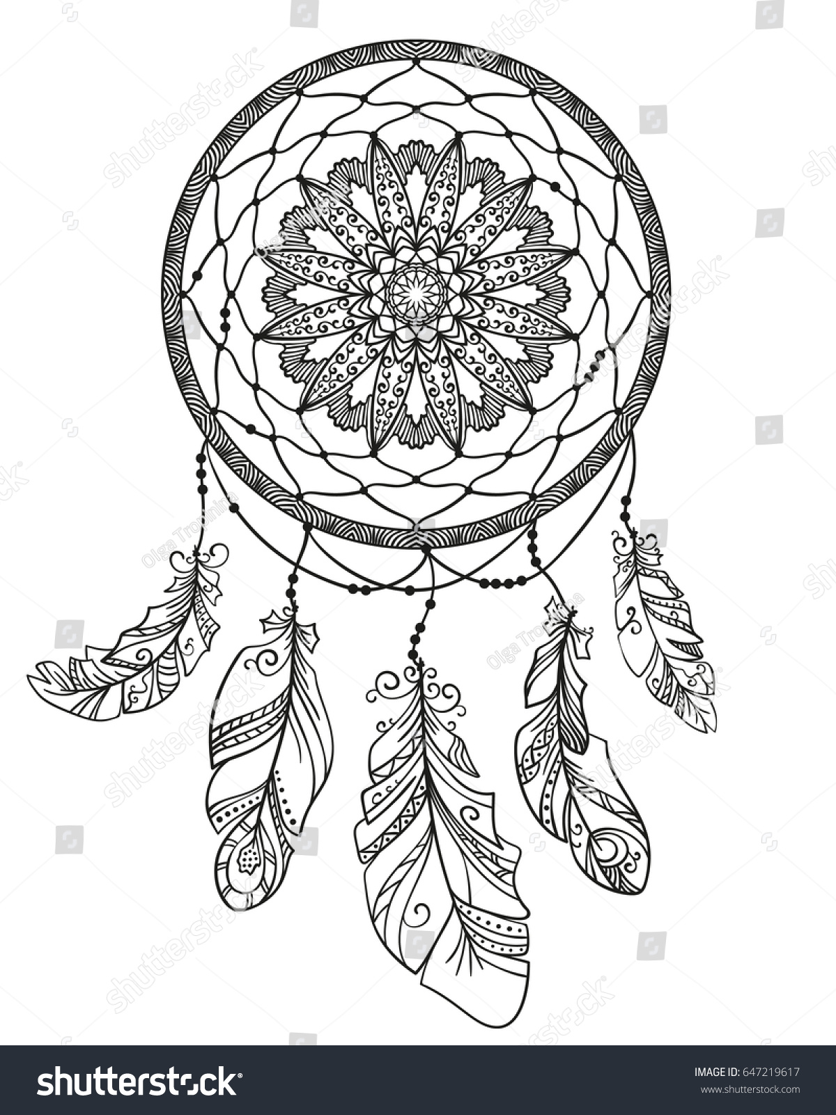 SVG of Hand drawn dreamcatcher with feathers, Page for adult coloring book, Ethnic isolated design element vector svg