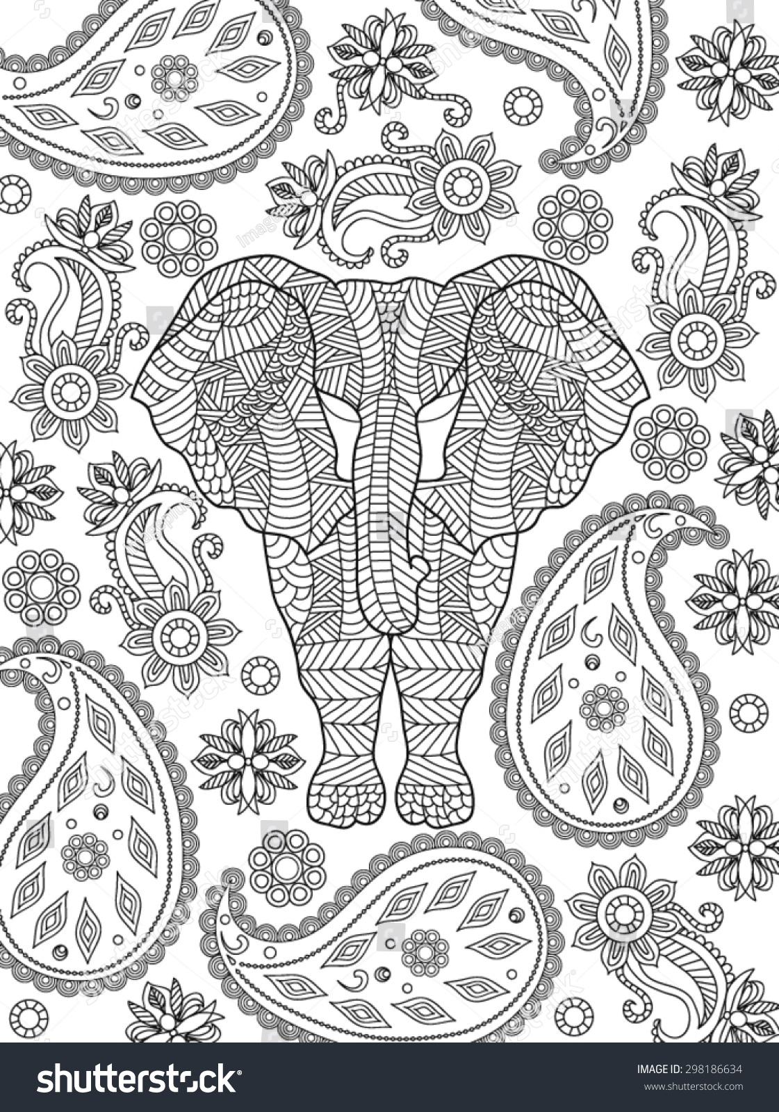 Hand Drawn Elephant Coloring Page Stock Vector (Royalty Free) 298186634 ...