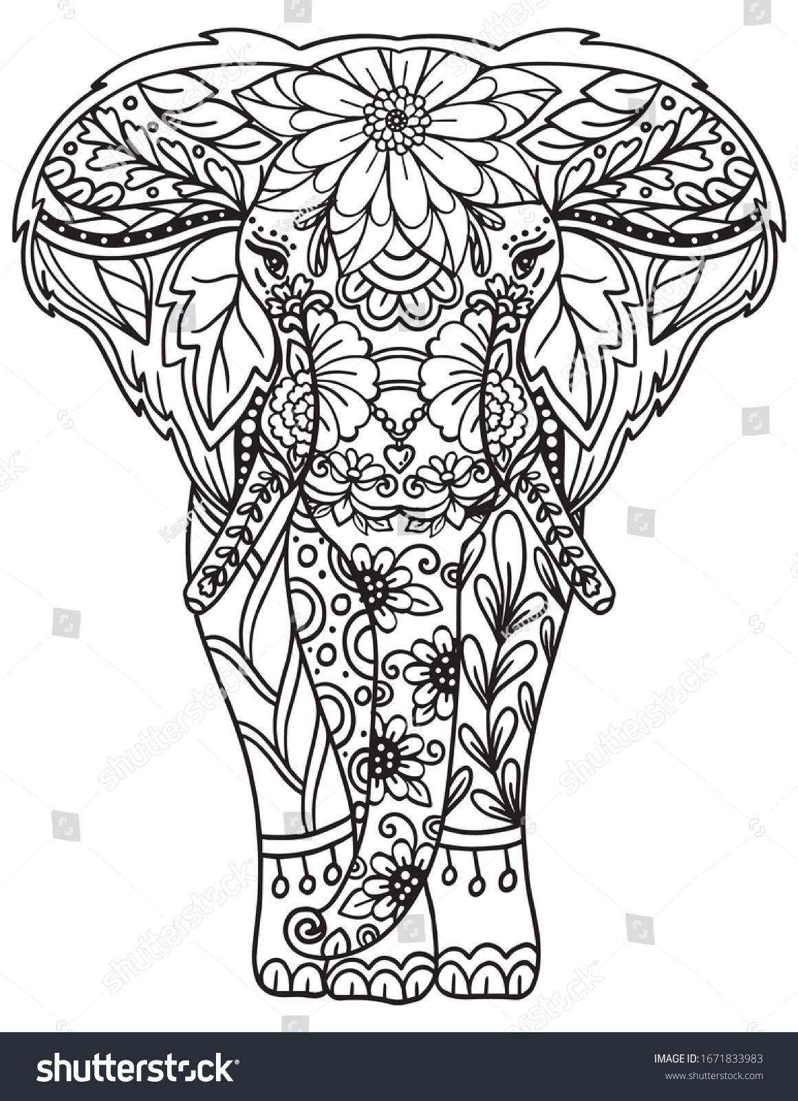 SVG of Hand drawn elephant doodle with flower decorative elements. Coloring page for adult and kids. Vector Illustration. svg