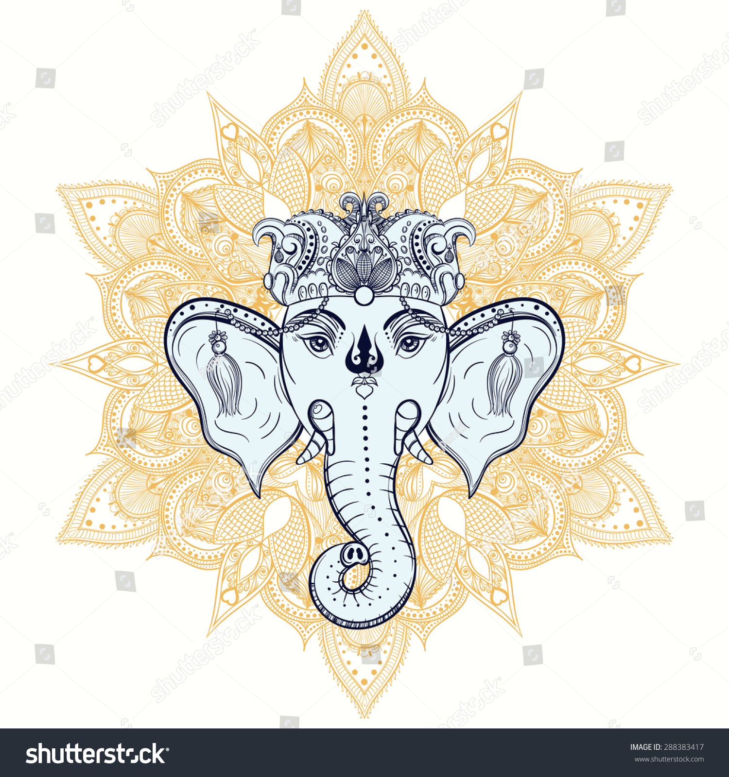 Hand Drawn Elephant Head On Ornament Rangoli Background. Indian God ...