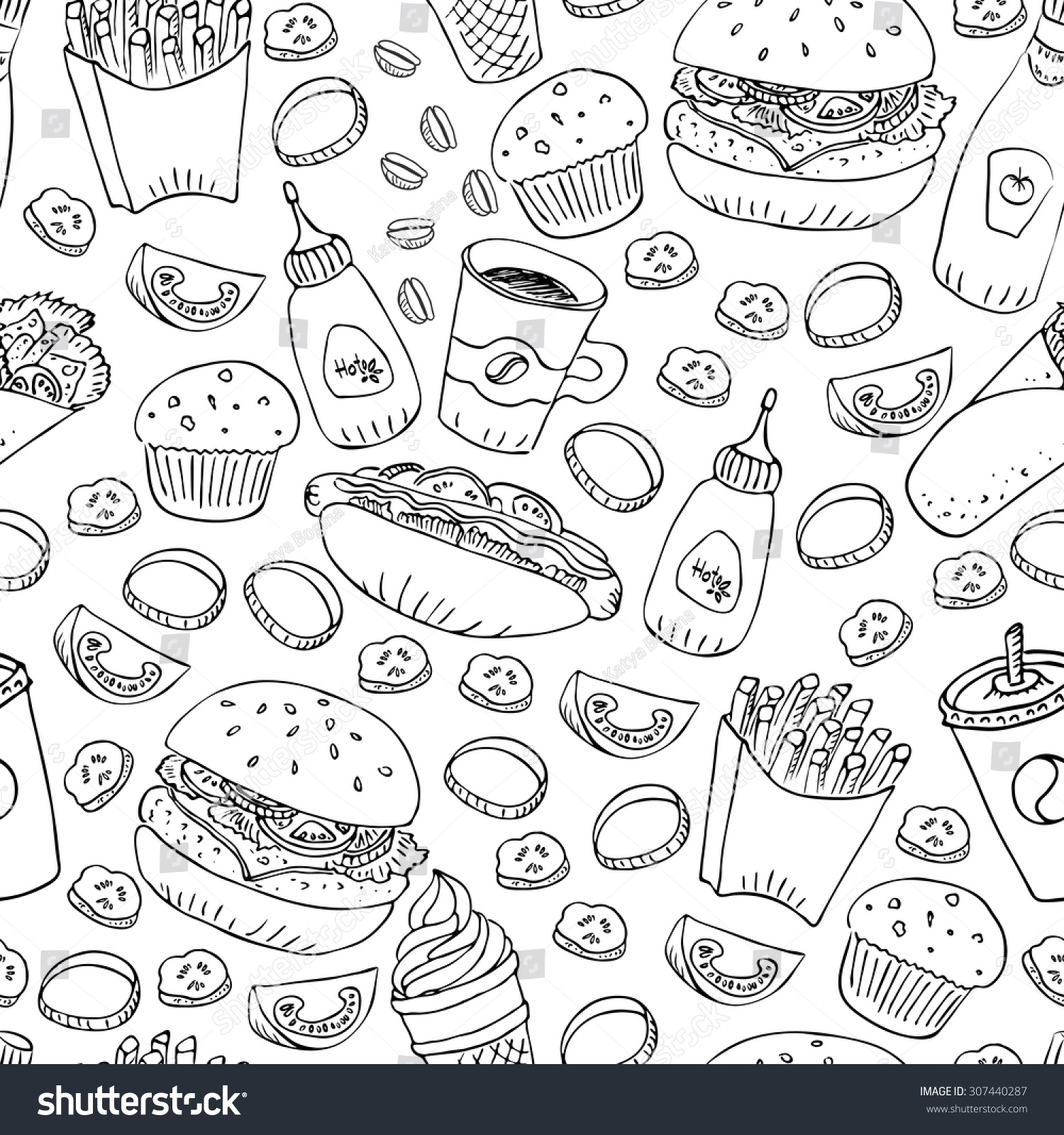 Hand Drawn Fast Food Doodle Seamless Stock Vector 