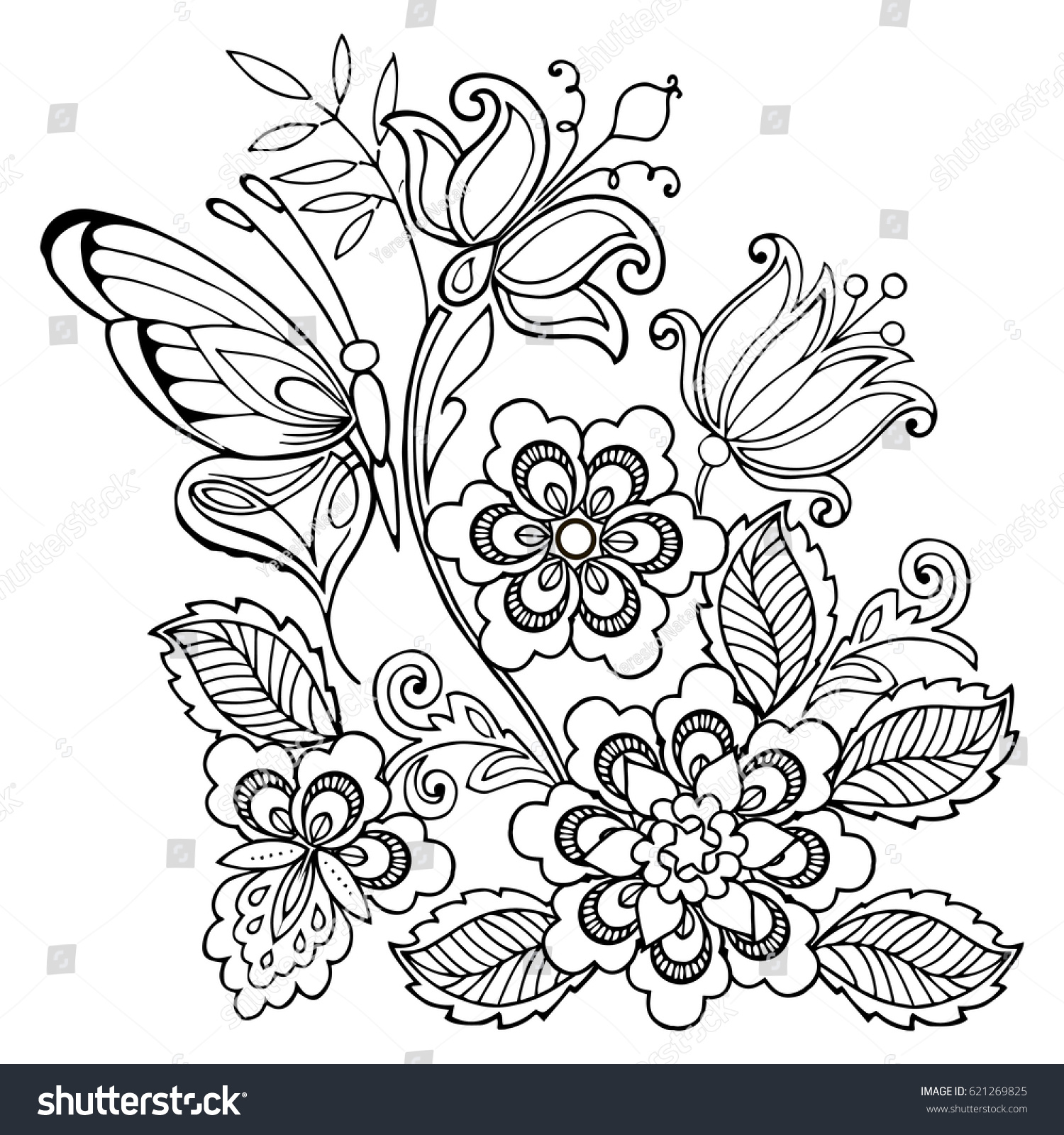 Hand Drawn Flowers Butterflies Anti Stress Stock Vector Royalty ...