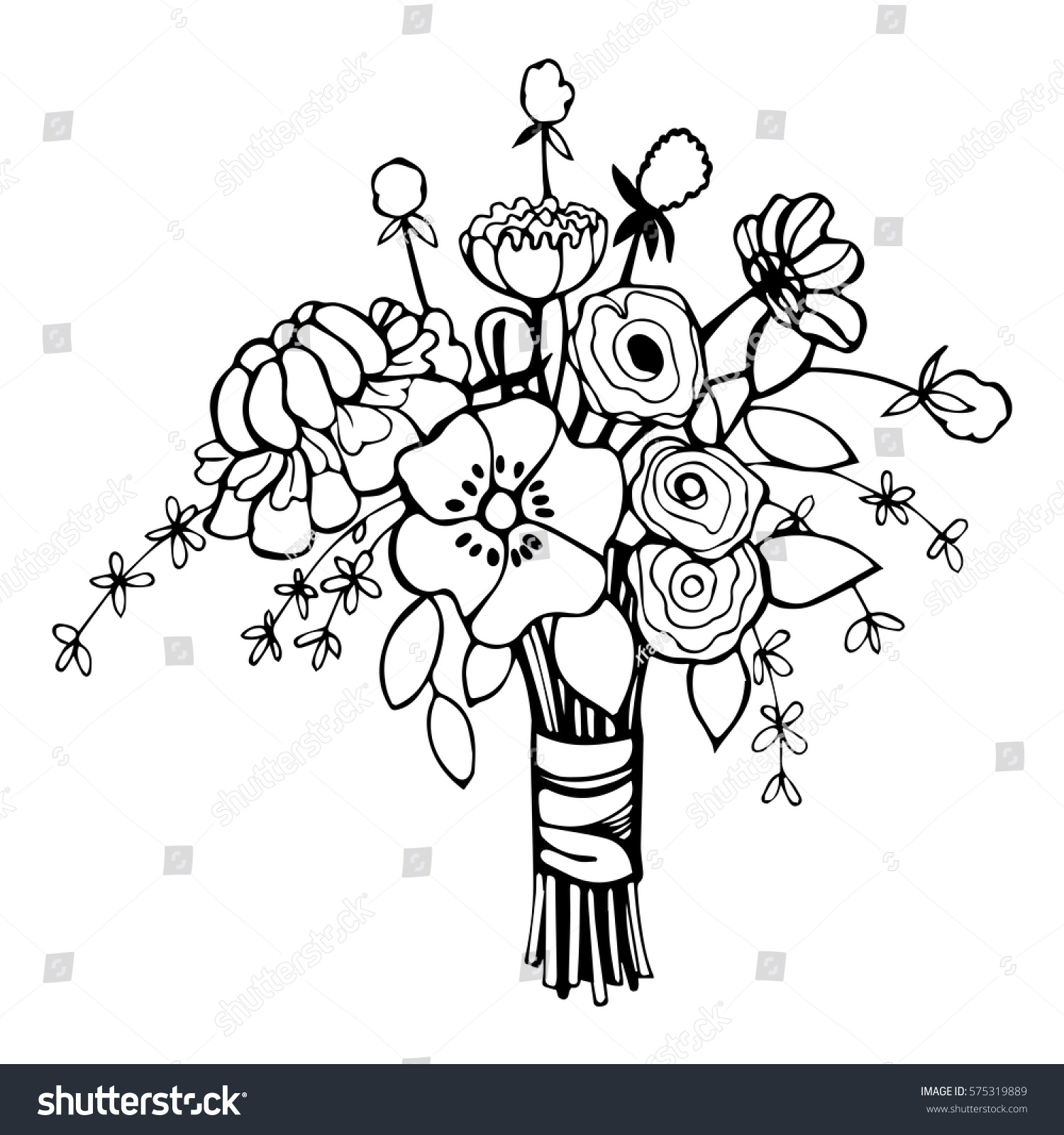 Hand Drawn Flowers Bridal Bouquet Vector vector de stock libre de regalías