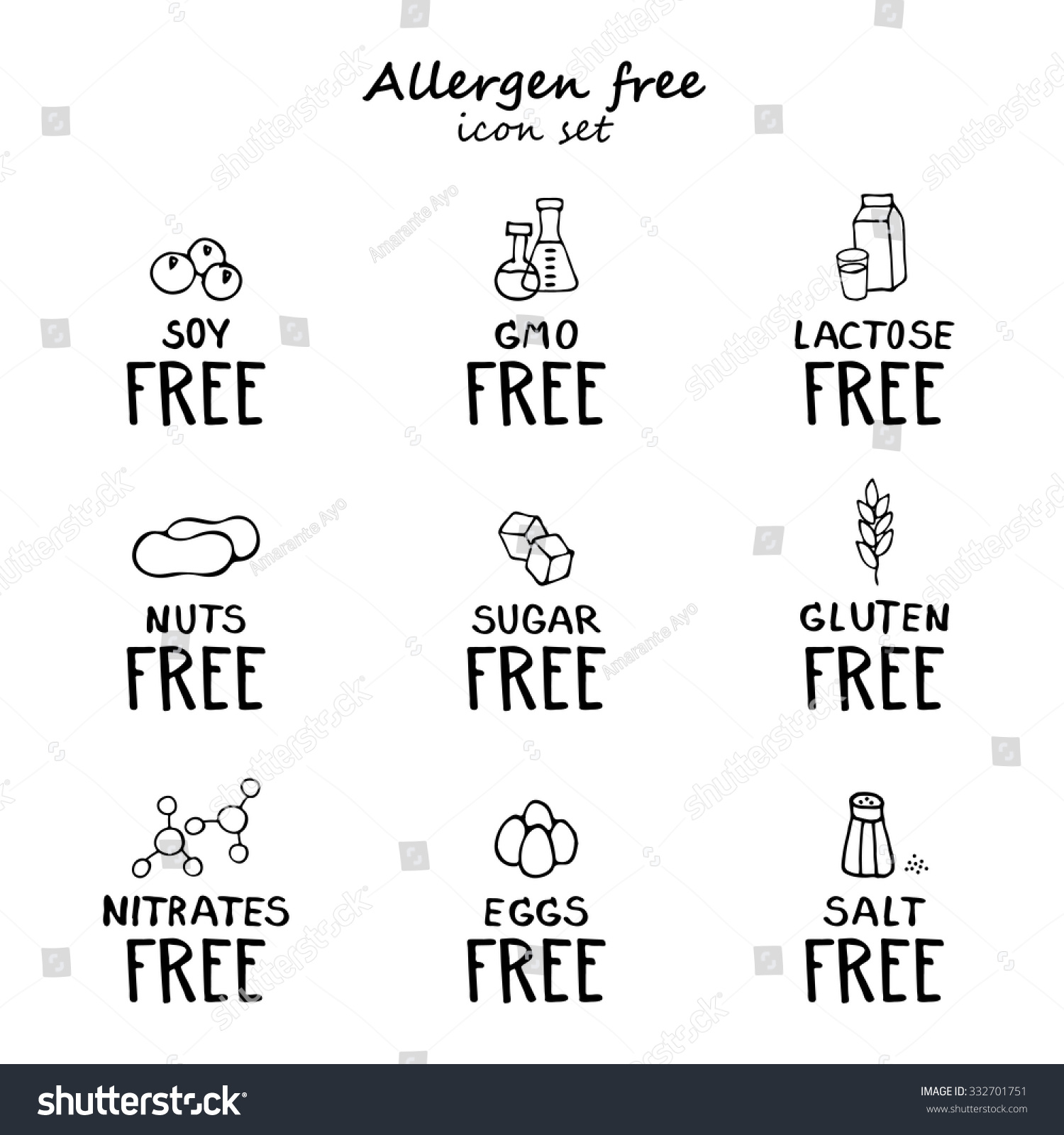 SVG of Hand drawn food intolerance collection made in scribble technique. Soy free, GMO free, lactose free, nuts free, sugar free, gluten free, nitrates free, eggs free, salt free icons. svg