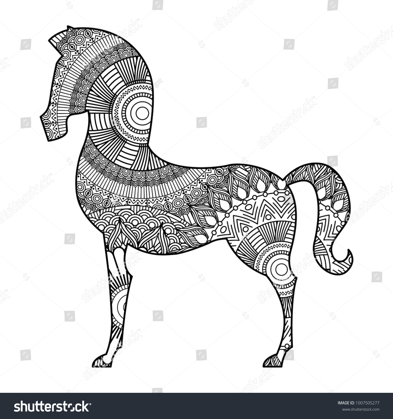 hand drawn for adult coloring pages with horse zentangle monochrome sketch