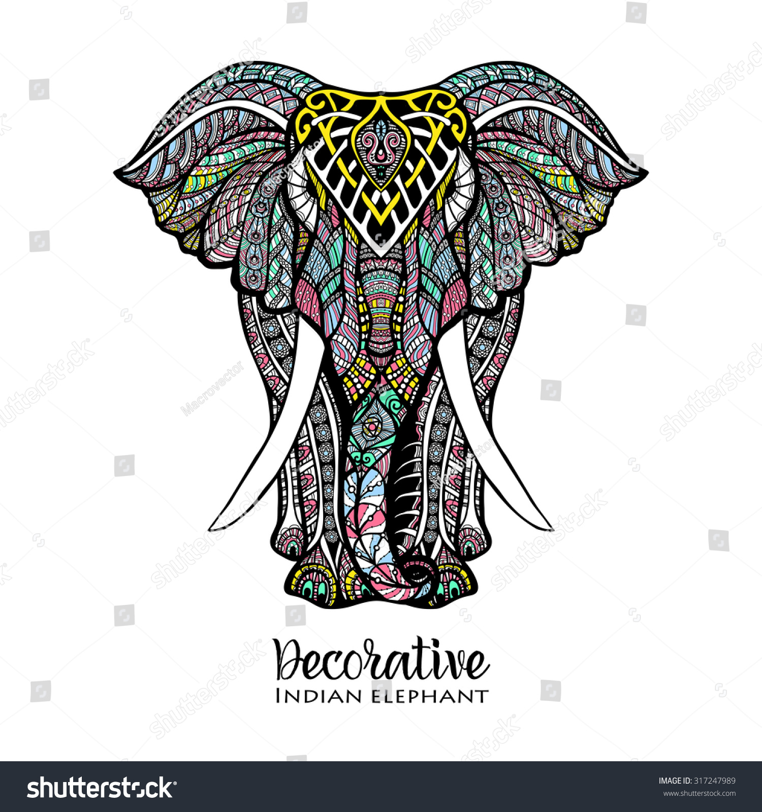 SVG of Hand drawn front view elephant with colored ornament vector illustration svg