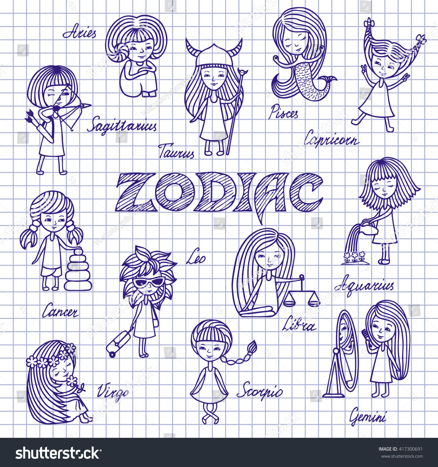 Hand Drawn Funny Zodiac Signs Cartoon Stock Vector 417300691 ...