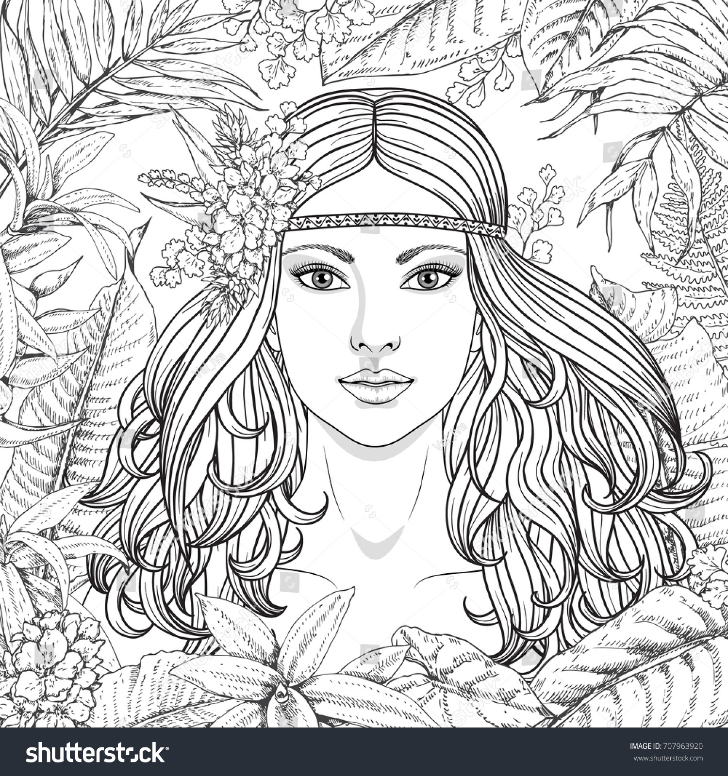 Hand drawn girl and branches leaves of tropical plants Black and white floral illustration