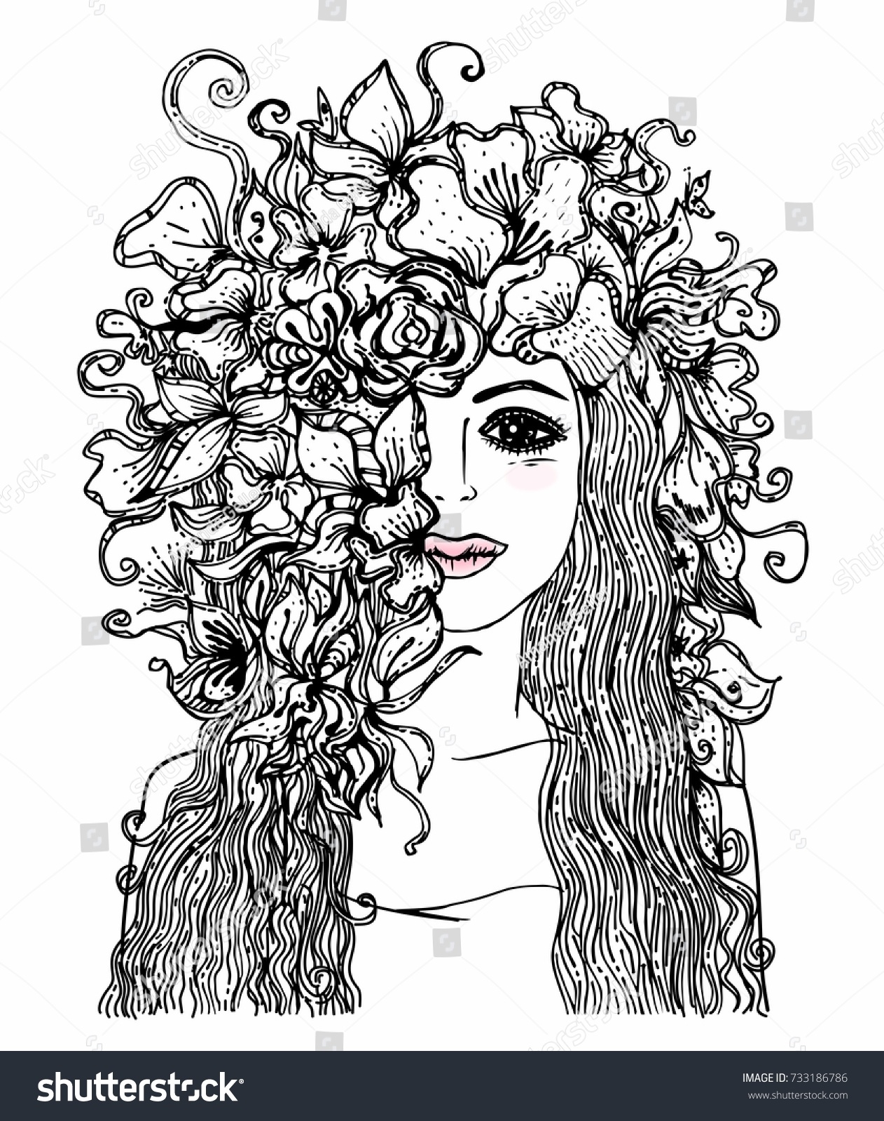 Hand drawn girl with long hair and flowers Coloring book pages Portrait of young