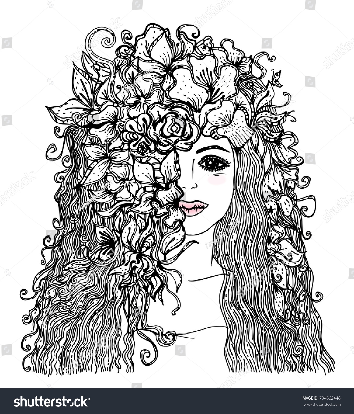 Hand drawn girl with long hair and flowers Coloring book pages Portrait of young