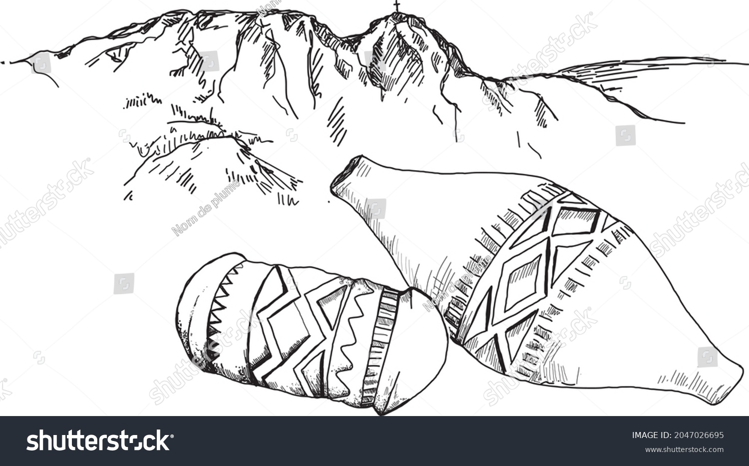 SVG of Hand-drawn graphics presenting the peak of the Giewont Tatra Mountains and a typical highlander cheese. svg