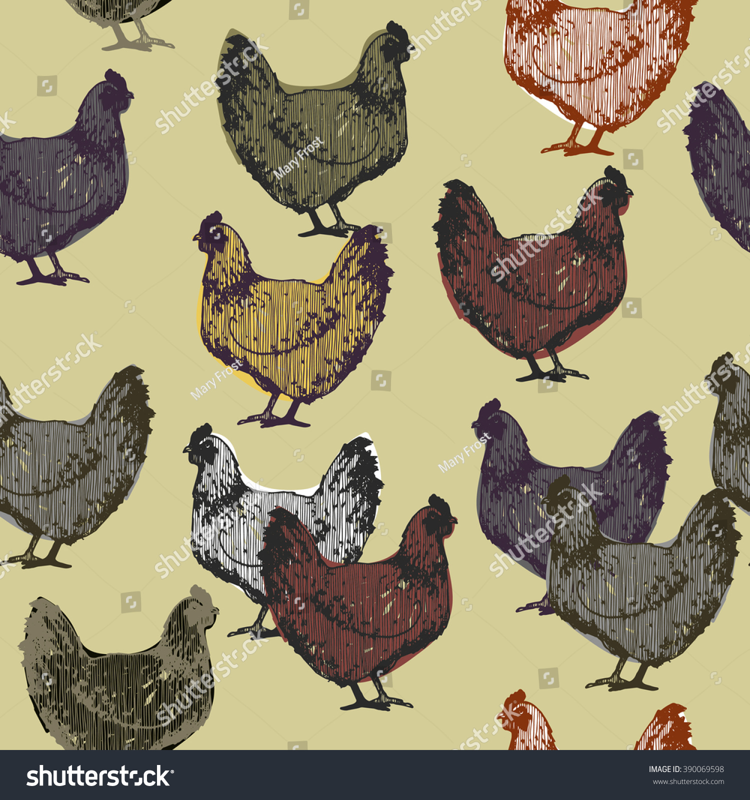 Hand Drawn Hen Seamless Pattern Stock Vector Illustration 390069598 ...