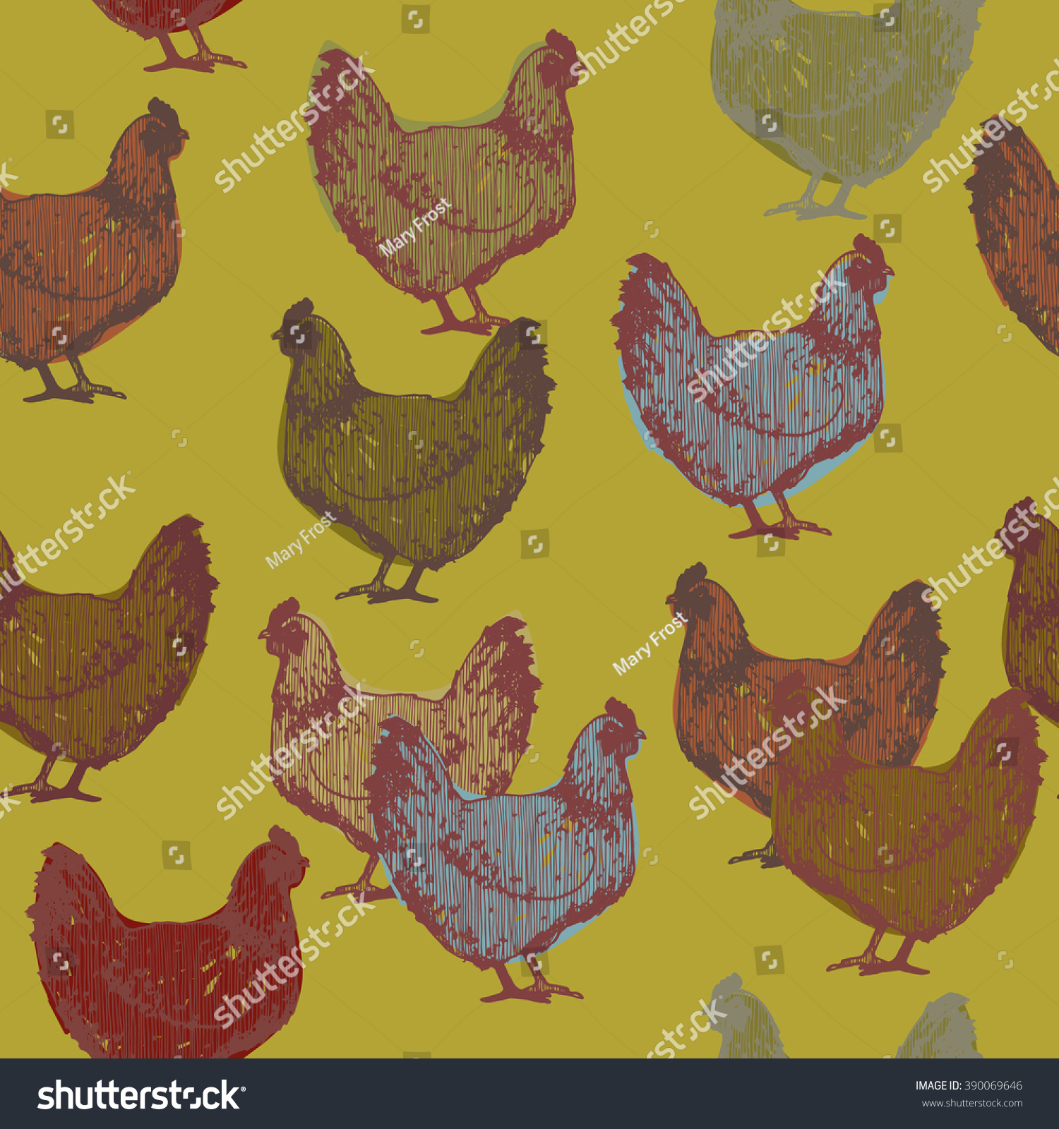 Hand Drawn Hen Seamless Pattern Stock Vector Illustration 390069646 ...