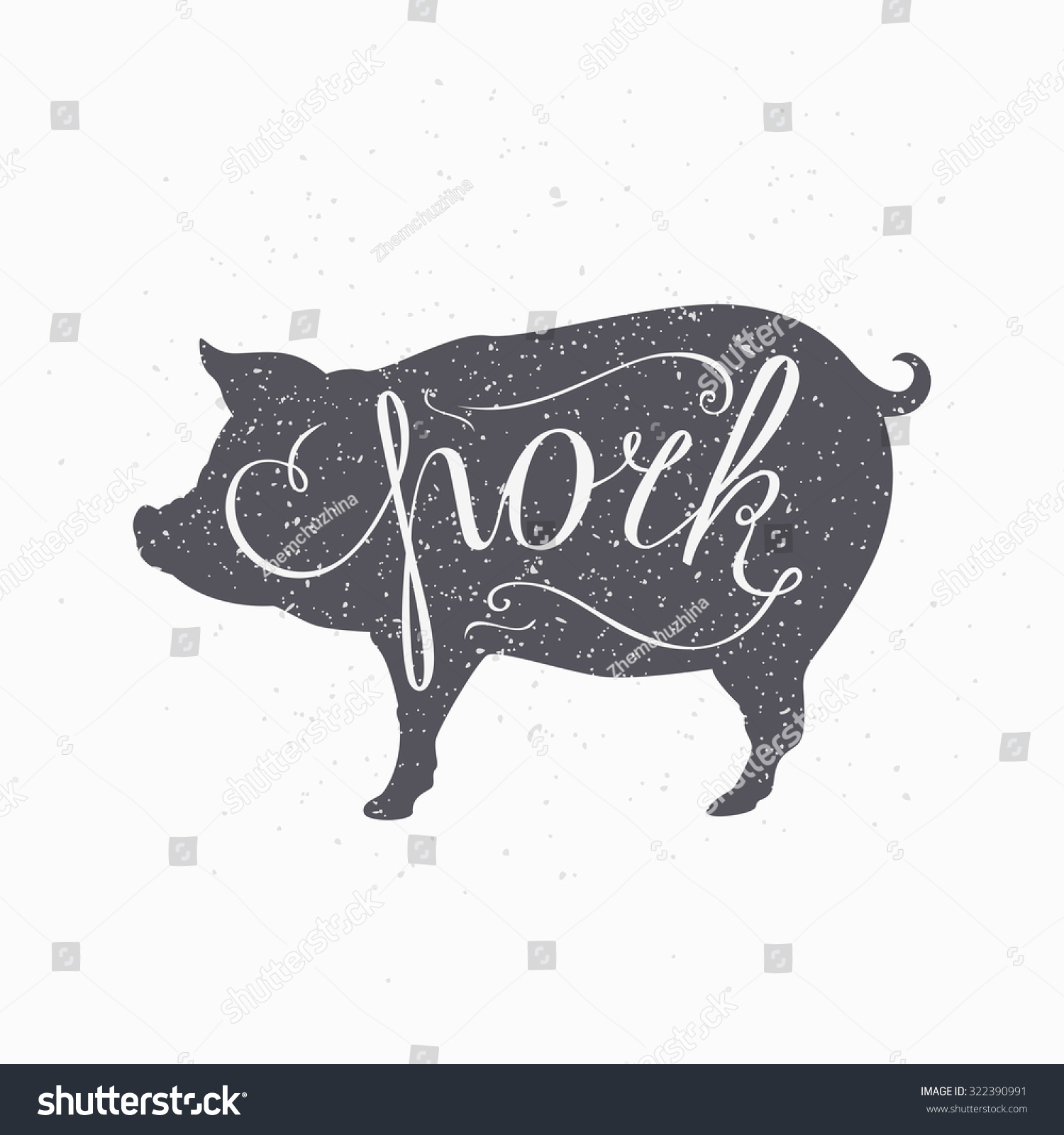 手描きのヒップスター豚のシルエット 豚肉の手書き クラフト肉包装や食べ物レストラン用の肉屋デザインテンプレート グランジ紙のスタイルの背景 ベクター イラスト のベクター画像素材 ロイヤリティフリー