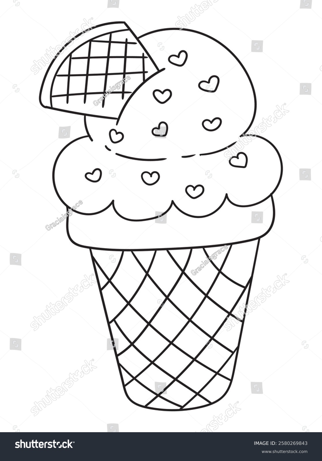 recommend clip art: Hand-drawn ice cream coloring page in black and white. A delightful line art illustration of ice cream cones and desserts, ideal for printable coloring books and crafts.
